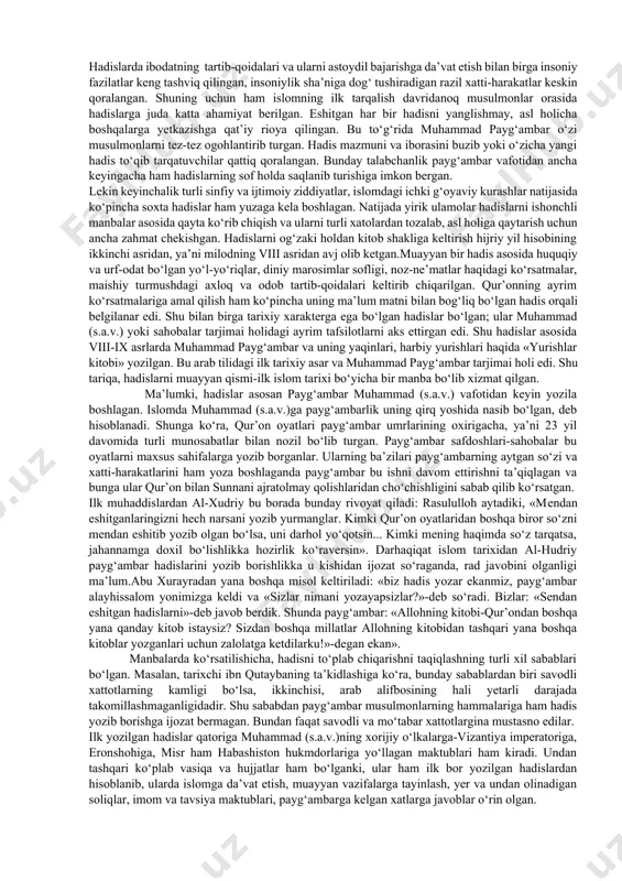 a ko‘p tillarga tarjima qilingan. uni g‘arbiy yevropa tillariga tarjima qilish 11 asrdan, rus tiliga ag‘darish 18 asrdagi pyotr i ning tashabbusi bilan boshlangan. 1790 yilda nashr etilgan m.n.verovkin tarjimasi e’tiborli rus olimlarining fikriga ko‘ra a.s.pushkinning mashhur «podrajaniya koranu» (qur’onga tatabbu’lar) asariga manba bo‘lgan. g.s.sablukovaning arabchadan dastlabki ruscha tarjimasi i.yu.krachkovskiy rus tiliga tarjima qilgan nusxasi uning vafotidan keyin (1963, 1986) nashr qilingan.islom davlat dini bo‘lib kelgan mamlakatlarda shariat talablariga amal qilib kelingan, hozir ham shunday. hozirgi davrda o‘zbekiston xalqlari orasida marxumning yettisini, yigirmasini, qirqini va boshqa marosimchiliklarini o‘tkazish odati bor. xolbuki, shariat bunday marosimlarni o‘tkazish yoki o‘tkazmaslik haqida biron-bir ko‘rsatma bermagan.hadis ilmining shakllanishi. hadis va hadisshunoslik ilmini shakllantirishga bo‘lgan harakat islom paydo bo‘lgan dastlabki yillardanoq boshlangan. chunki islom dinining asosiy manbai bo‘lgan qur’oni karimdan keyin uni izohlovchi va bayon etuvchisi bo‘lmish rasulollohning so‘zlagan hikmatli gaplari o‘z hayot faoliyatlarida qilgan ishlari-ul zotning hadislari hisoblanadi. islom jamoasi qur’oni karimning sura va oyatlarida …