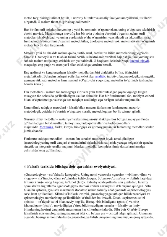 kategoriyalaridir (falsafiy adabiyotlarda bu kategoriyalarni dialektika kategoriyalari deb nomlash odat tusini olgan). 2. ikkinchi guruhni falsafaning turli bo‘limlariga tegishli bo‘lgan maxsus kategoriyalar tashkil etadi. masalan, ontologiya, borliq, yo‘qlik, substansiya, dunyoning birligi, materiya, ong, makon, vaqt, harakat kabi kategoriyalar mazmunini aniqlaydi va muayyan tarzda talqin qiladi. naturfalsafa, gnoseologiya, antropologiya, praksiologiya, ijtimoiy falsafa, globallashuv falsafasi ham o‘z kategoriyalar apparatiga egadir. 3. uchinchi guruhni maxsus falsafiy fanlar: mantiq, axloq (etika), estetika kategoriyalari tashkil etadi. masalan, axloq fanida falsafiy bilimning ayni shu sohasi va falsafaning axloq bilan turdosh bo‘limlari – antropologiya, ijtimoiy falsafa, aksiologiyaga xos bo‘lgan kategoriyalar tizimi (yaxshilik va yomonlik, sha'n va qadr-qimmat, hayot ma'nosi, baxt va boshqalar) vujudga kelgan. tushunchalar, mulohazalar, mushohadalar, dalillash va hokazolar mantiq kategoriyalari hisoblanadi. estetikada go‘zallik va xunuklik, fojeaviylik va kulgililik, ulug‘vorlik va tubanlik kabi kategoriyalar qo‘llaniladi. biz esa falsafaning umumiy kategoriyalarini ko‘rib chiqamiz. falsafa kategoriyalari muayyan fanlarning kategoriyalaridan ancha farq qiladi. bu farq shundan iboratki, dialektika kategoriyalari …