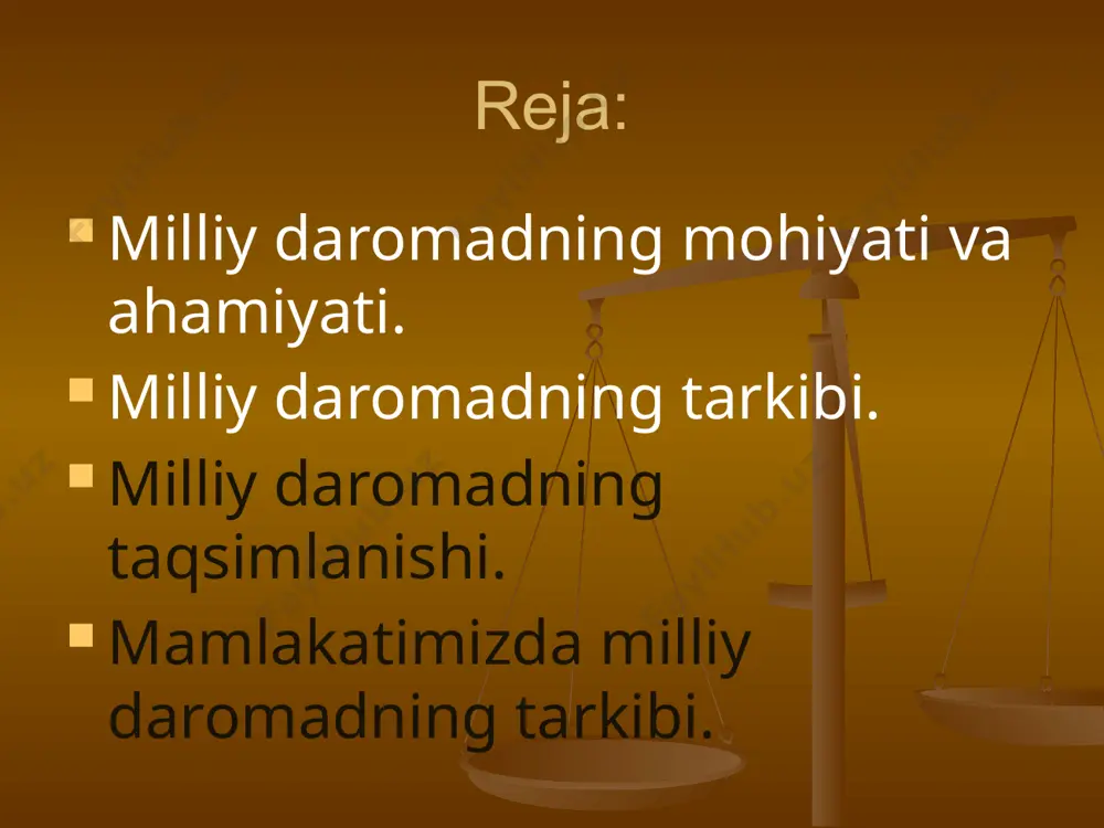 aromadning formulasini quyidagicha yozish mumkin: ni= w+rent+p+s bunda ni(national income)-milliy daromadlar. w(wages)- ish haqi; aholining uy xo’jaliklari o’rtasida taqsimlanadigan mehnat daromadlari. rent(renta)- yerdan keladigan daromad (yerdan foylananilganligi uchun to’lanadigan haq) p(payment-foyda), s(foiz)- kapitaldan va tadbirkorlikdan keladigan daromadlar 2. milliy daromadning tarkibi. w(wages)- ish haqi mehnatga pul shaklida to’lanadigan haq; qiymatning o’zgargan shakli, ish kuchi (taqdim etilgan mehnat xizmati) ning bahosi. rivojlangan mamlakatlarda ish haqini tashkil qilish va tartibga solishda davlat muhim rol o’ynaydi. davlat soliqlari, to’lov,jarimalarni hisoblashda, jismoniy shaxslardan undiriladigan daromad solig’i darajalarini belgilashda ish haqi minimumi baza tarzida foydalaniladi. o’zbekistonda 1992-yildan boshlab joriy qilingan. hozirda ushbu ko’rsatkich 62920 so’mni tashkil qiladi. renta(nem.renta, lot. reddita-qaytarib berilgan)- -- mulk egalarining tadbirkorlik faoliyati bilan shug’ullanmasdan yer, mol- mulk, kapitaldan muntazam oladigan daromadi; ssudaga berilgan kapitaldan foiz, yer egalarining ijaraga berilgan yer uchastkasidan, uy joy egalarining ijaraga berilgan binolardan mumtazam oladigan daromadi. uy xo’jaliklari. biznes subyektlari . tabiiy resurslar, inson resurslari, kapital pul …