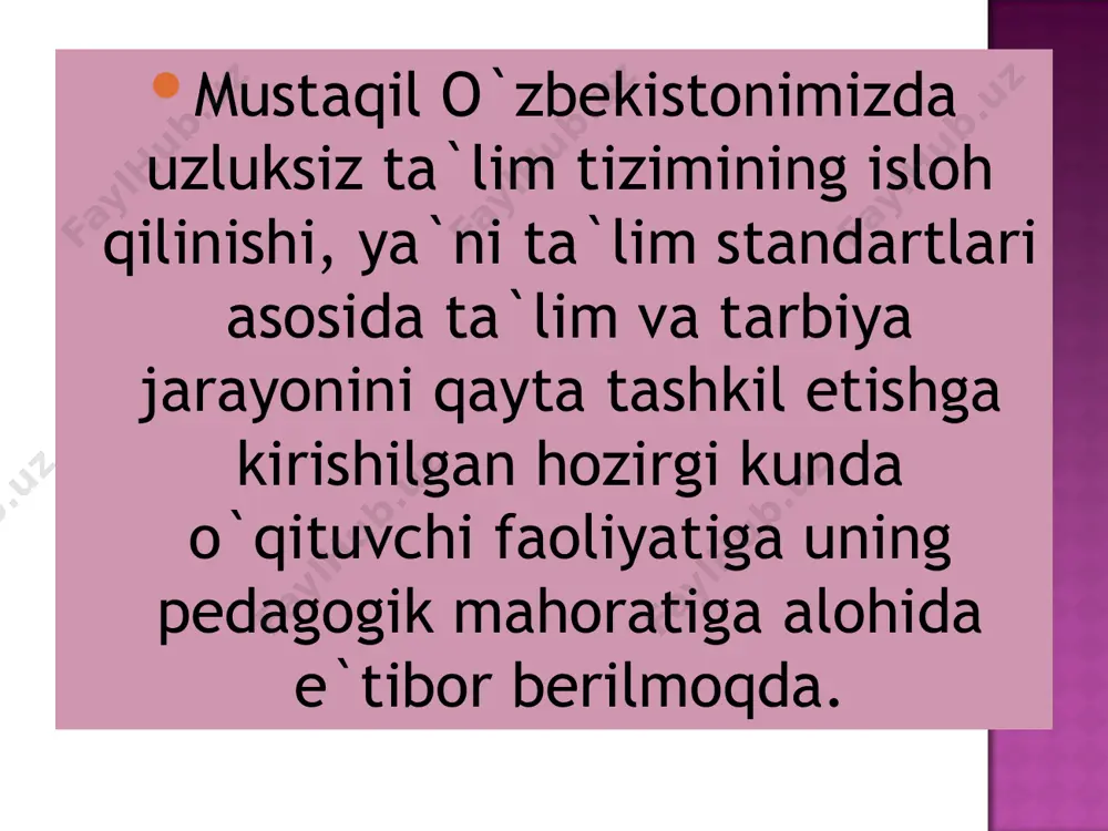 nni egallaydi. chunonchi, o’quvchilar bilan albatta xushmuomalada bo’lish, dilkashlik o’quvchi shaxsiga prinsipial yondashishning yuqori darajada bo’lishi, o’zining birorta ham o’quvchisi yomon emasligi, buning ustiga ishonchsiz bo’lishi mumkin emasligiga ishonch kabilar. . yusuf xos hojib “qutadg’u bilig” asarida o’g’il-qizga ta’lim-tarbiya beruvchining shaxsi haqida quyidagilarni yozadi: -murabbiyni yaxshi kishilardan olgin, -o’g’il-qiz pok o’sadi (nomatlub ishlardan) forig’ turadi. -o’g’il-qizga bilim va odob o’rgat,ikki olam uniki, uning manfaati yetarli bo’ladi. -o’g’ilga barcha san’at-hunarlarni tugal o’rgat, bu san’at-hunarlar bilan u mol-dunyo yig’a beradi shunday qilib, pedagog-muallim o`z mahoratiga quyidagi bosqichlarda erishishi mumkin: . 1.pedagogika-psixologiya fanlarini chuqur o`rganish. 2.maxsus fanlar, ularni o`qitilish metodikasini chuqur bilish. 3.pedagogik amaliyotda faol igshtirok etish va uni samarali o`tkazish. 4.o`z faoliyatini doimo tahlil qilib, unga nisbatan tanqidiy munosabatda bo`lish. 5.o`z ustida mustaqil ishlash, malaka oshirish kurslarida o`qib borish. . pedagogning shaxsiy-kasbiy xislatlari: -uquvchilarni yaxshi kӯrishi; -mexnatdӯstligi; -jamoa ishlariga fa'olligi; -mexrubonligi; -odamgarchiligi va dilkashligi; -kamtarinligi -uz bilimini ziyoda qilishi; -uxdaburorligi.