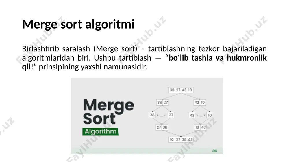 - l + 1; int n2 = r - m; // vaqtinchalik massivlarni yaratish int l[n1], r[n2]; // ma‟lumotlarni vaqtinchalik l[] va r[] massivlariga nusxalash for (int i = 0; i =r){return;//rekursiv ravishda qaytadi } birlashtirib saralash algoritmi uchun dastur kodi 3 int m =l+ (r-l)/2; mergesort(array,l,m); mergesort(array,m+1,r); merge(array,l,m,r); } // massivni chop etish funksiyasi void printarrayay(int a[], int size) { for (int i = 0; i < size; i++) cout << a[i] << " "; } int main() { int array[] = { 12, 11, 13, 5, 6, 7 }; int array_size = sizeof(array) / sizeof(array[0]); cout << "berilgan massiv \n"; printarrayay(array, array_size); mergesort(array, 0, array_size - 1); cout << "\n tartiblangan massiv \n"; printarrayay(array, array_size); return 0; } merge sort algoritmi dastur natijasi merge sort algoritmining turli xil tiplar uchun ishlash vaqti (elementlar soni 50000 ta) mavzu yuzasidan savollar boʻlib tashlash‖da nimalarga e‘tibor berish kerak? birlashtirish bosqichi qanday …