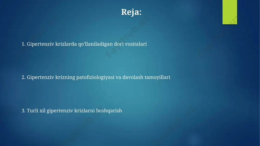 hg darajasiga 2-6 soat ichida pasaytirishdir. bemorning yoshini, qo'shma kasalliklarini va boshqa dorilarni qabul qilishini hisobga olgan holda, individual davolash rejimi tuziladi. gipertenziv krizning ta'rifi va sabablari gipertenziv kriz 180/120 mm simob ustunidan yuqori qon bosimining tez va xavfli ko'tarilishi bo'lib, miya qon aylanishining buzilishi, yurak yetishmovchiligi yoki buyrak etishmovchiligi kabi asoratlarga olib kelishi mumkin. noto'g'ri davolangan yoki nazoratsiz gipertenziya, shuningdek, o'tkir stress yoki jismoniy zo'riqish gipertenziv krizga olib kelishi mumkin, bu holatda tez va samarali tibbiy yordam zarur. gipertenziv krizning alomatlari qon bosimi 180/120 mm hg dan yuqori bo'lsa va shu bilan birga ko'krak og'rig'i, nafas qisilishi yoki hushdan ketish kabi alomatlar kuzatilsa, bu gipertenziv krizning jiddiy belgisidir. gipertenziv krizning klinik ko'rinishlari individual farq qiladi, ammo tez yurak urishi (taxminan 100 urish/minutdan yuqori), ko'rishning buzilishi va hushdan ketish holatlari tez-tez uchraydi. gipertenziv krizda qo'llaniladigan boshqa dori vositalari gipertenziv krizda natriy nitroprussiat kabi veno va arteriolalarni kengaytiruvchi vositalar tez ta'sir …
