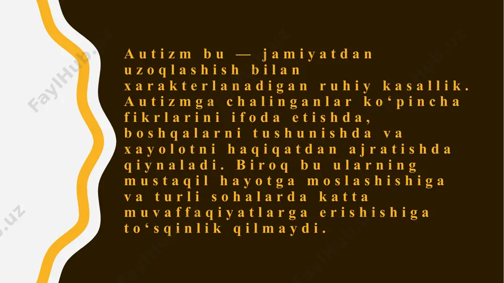 n degan fikrga qo‘shiladi. bunday fikr yuritish uchun bir qancha sabablar bor. bolaligida uning xatti-harakati tengdoshlaridan sezilarli darajada farq qilardi. van gog jiddiy, o‘ychan, do‘stlari bo‘lmagan yigit sifatida tavsiflangan. bundan tashqari, xizmatchilar uning g‘alati va zerikarliligini aytishadi. ota-onasi hatto “g‘alati” xatti-harakati uchun uni jazolaydi va uni og‘ir tabiatli bola deb atashadi. lekin qo‘shnilari vinsentni aksincha, xushmuomala, mehribon, saxovatli va oqko‘ngil inson sifatida ta’riflashadi. rassomning o‘zi bolaligini “qorong‘i, sovuq va bo‘sh” deb ta’riflagan. ikkinchi sabab — uning erta o‘limi. u 37 yoshida o‘z joniga qasd qiladi. biograflarning ta’kidlashicha, rassomning ongida turli o‘zgarishlar bunga sabab bo‘lgan. shunga qaramay, qisqa umri davomida van gog juda mashhur bo‘lgan ko‘plab asarlar yaratdi. endi rassomning suratlari kimoshdi savdosiga qo‘yilgan eng qimmat buyumlar qatoriga kiradi. greta tunberg shifokorlar unga 11 yoshida asperger sindromi tashxisini qo‘yishdi — o‘shanda u birinchi marta tushkunlikka tushib, gapirishni va ovqatlanishni xohlamay qolgan. uning qiziqishlari ko‘pincha autistik buzilishi bo‘lgan odamlarda bo‘lgani kabi cheklangan …