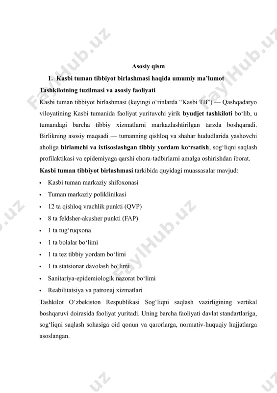 a qilish, patronaj xizmatlari, hamda aholini ijtimoiy jihatdan himoya qilishga qaratilgan tibbiy xizmatlarni tashkil etishni o‘z ichiga oladi. tashkilotda yillik asosda tibbiy xizmatlar sifati bo‘yicha baholash ishlari olib boriladi. shuningdek, yillik tibbiy statistik hisobotlar tayyorlanadi va bu orqali xizmat ko‘rsatish darajasining holati tahlil qilinadi. faoliyatning asosiy yo‘nalishlari quyidagilarni o‘z ichiga oladi: · aholiga ambulator va statsionar tibbiy yordam ko‘rsatish · onalik va bolalikni muhofaza qilish · yuqumli kasalliklarning oldini olish · profilaktika va sog‘lom turmush tarzini targ‘ib qilish · maxsus tibbiy yordam (masalan, terapiya, xirurgiya, ginekologiya, pediatriya, travmatologiya) · patronaj xizmatlari va reabilitatsiya xizmatlarini amalga oshirish · tibbiy-ijtimoiy yordam ko‘rsatish moliyalashtirish manbalari kasbi tb — byudjet tashkiloti hisoblanganligi sababli uning asosiy moliyaviy manbai — bu o‘zbekiston respublikasi davlat byudjeti hisoblanadi. tashkilotning moliyalashtirilishi yillik smetaga asosan amalga oshiriladi. har bir moliyalashtiriladigan faoliyat yo‘nalishi bo‘yicha alohida budjet satri va tasnifi mavjud. moliyalashtirish manbalari quyidagilardan iborat: · davlat byudjeti mablag‘lari — asosiy manba …