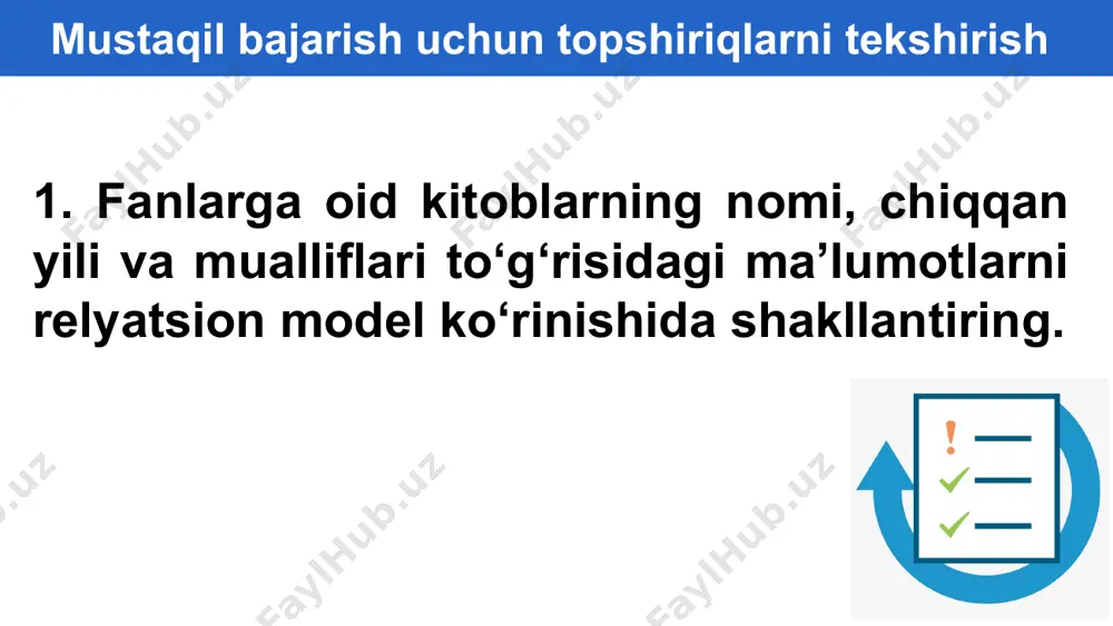 il satrlar yo‘q. jadvaldagi qatorlarning tartibi ixtiyoriy tarzda bo‘lishi mumkin. har bir jadvalda kalit bo‘lishi kerak. ma’lumotlar modeliga kiritilgan jadvallar turli xil maydon va yozuvlarga ega bo‘lishi mumkin. i9 presentation to joe smith ‹#› yozuvlarda qiymatlari takrorlanmaydigan (o‘ziga xos) maydon yoki maydonlar to‘plami ma’lumotlar bazasi jadvalining kaliti deb ataladi. mustaqil bajarish uchun topshiriqlar oilangiz haqidagi ma’lumotlar aks etgan ma’lumotlar omborini ixtiyoriy modeldan foydalangan holda yarating. image1.png image2.png image3.png image4.png image5.png image6.png image7.png image8.png image9.png image10.png image11.png image12.jpeg /docprops/thumbnail.jpeg