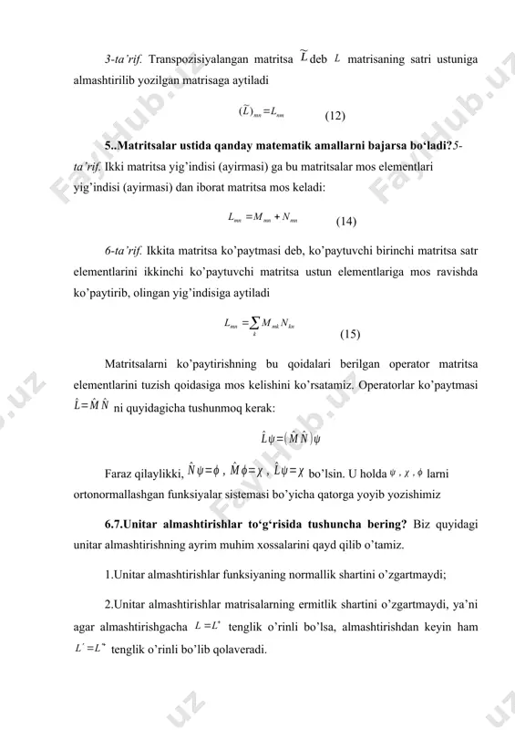 lanishini topamiz. buning uchun (41) asosida bu funksiyalarning birini ikkinchisi orqali qatorga yoyamiz, ya’ni (2) bu yoyilma koeffisenti o’z navbatida (3) ko’rinishdagi matrisadan iboratdir. bu matrisa operator tasavvurini o’zgartiruvchi (berilgan holda -tasavvurni –tasavvurga o’tkazuvchi) matrisa hisoblanadi 13. g‘alayonlashish nazariyasining mazmun-mohiyatini tushuntiring? 14. diskret spektrlarda g‘alayonlanish nazariyasi qanday qo‘llaniladi? qaralayotgan sistemani qo’zg’atuvchi vaqtga bog’liq bo’lishi yoki bog’liq bo’lmasligiga qarab qo’zg’alish nazariyasi statsionar va nostatsionar nazariyalarga bo’linadi. biz har ikki holda qo’zg’alish nazariyasi beradigan tuzatmalarni hisoblaymiz. faraz qilaylikki, shredinger tenglamasining aniq echimini mavjud bo’lmagan sistema (uni qo’zg’algan sistema deb ataymiz) statsionar holatda joylashgan bo’lsin va shredinger tenglamasi ĥ ψ = e ψ (1) ko’rinishda yozilsin sistema qo’zg’almagan holatda (1) tenglama ĥ0 ψ0n = e0n ψ0n (2) aniq echimga ega. demak ĥ0 , ĥ - qo’zg’almagan va qo’g’algan sistemalar uchun gamilton operatorlari. bu operatorlar bir biridan ĥ = ĥ0 + ŵ (3) ŵ – ga farq qilishadi. bu erda ŵ sistemani qo’g’atuvchi operator …