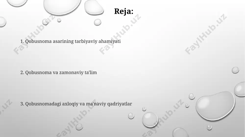 dagi 10 ga yaqin hikmatli masal va siyosiy masalalar bo'yicha fikrlar, zamonaviy siyosatshunoslik va etika darslarida muhokama qilinishi mumkin bo'lgan qimmatli manba sifatida xizmat qiladi. "qobusnoma"ning zamonaviy ahamiyati davlat boshqaruvi nazariyasi va amaliyoti, xususan, 11-asr siyosiy-ijtimoiy tizimi bilan tanishishda 50 dan ortiq boblarini o'rganish orqali namoyon bo'ladi. aql-idrok, adolat va ma'rifat kabi muhim qadriyatlarni targ'ib qiluvchi "qobusnoma"ning 300 yildan ortiq ta'sir etgan g'oyalari zamonaviy ta'lim tizimida axloqiy tarbiya berishda muhim manba hisoblanadi. ma'rifat va ilm-fanning ahamiyati "qobusnoma"da ta'limning 3 ta asosiy turi – diniy, dunyoviy va harbiy ta'limning ahamiyati ta'kidlanib, har bir soha uchun zarur bo'lgan bilimlar va ko'nikmalar bayon etilgan. "qobusnoma"da 7 ta fazilat, jumladan, adolat va mehr-oqibat kabi muhim insoniy fazilatlarning tarbiyasi haqida batafsil bayon etilgan bo'lib, bu yosh avlodning axloqiy-ma'naviy kamol topishiga xizmat qiladi. asarning 12 bobdan iborat bo'lishi va har bir bobda ma'rifat va ilm-fanning turli jihatlari, shu jumladan, davlat boshqaruvi, siyosat va iqtisod masalalari yoritilib, …