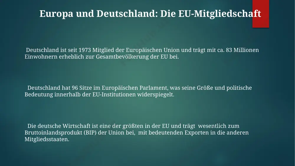 dern die gleichzeitige gesetzgebung in bestimmten bereichen, wobei bundesrecht über landesrecht geht. die bundesrepublik deutschland besteht aus 16 bundesländern, die jeweils eigene parlamente und regierungen besitzen, und teilt sich somit die regierungsgewalt mit dem bund. der bundesrat, die vertretung der länder im föderalen system, besitzt ein vetorecht bei vielen gesetzesvorhaben des bundestages, stärkend so die länderrechte. die judikative: die gerichte in deutschland deutschlands gerichtsbarkeit ist hierarchisch strukturiert, mit 12 oberlandesgerichten über den landgerichten und den amtsgerichten, die als gerichte der ersten instanz fungieren. spezialgerichte, wie z.b. die finanzgerichte (mit 100-200 richtern), entscheiden in verfahren mit spezifischen juristischen fragen im bereich des finanzrechts, ergänzend zu den ordentlichen gerichten. das bundesverfassungsgericht in karlsruhe, mit seinen 2 senaten und 8 richtern pro senat, ist oberstes gericht für verfassungsstreitigkeiten und besitzt weitreichende befugnisse zur normenkontrolle. wahlsystem in deutschland das deutsche wahlsystem kombiniert elemente der verhältniswahl und der mehrheitswahl, wobei 598 mandate im bundestag direkt …