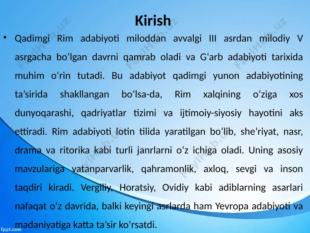 kaligula, klavdiy va neron davrlarini tasvirlaydi. bu asar o‘zining sinchkov tahlili va imperatorlik hokimiyatining ichki buzuqligini fosh etishi bilan ajralib turadi. tatsitning uslubi ixcham, o‘tkir va kinoyali bo‘lib, u voqealarni nafaqat tarixchi, balki axloqiy tanqidchi sifatida yoritadi. yuvinalning satiralari va tanqidiy adabiyot dekim yuni yuvinal (taxminan 60–130-yillar) rim adabiyotidagi satira janrining eng muhim vakili hisoblanadi. uning “satiralar” to‘plami o‘z davrining ijtimoiy, axloqiy va siyosiy muammolarini o‘tkir tanqid qiladi. yuvinalning asarlari o‘zining keskin tili, kinoyali ohangi va jamiyatdagi adolatsizliklarga qarshi qaratilgan g‘azabi bilan ajralib turadi. uning satiralari rim jamiyatidagi hashamat, fahsh, ikkiyuzlamachilik va ijtimoiy tengsizlik kabi illatlarni fosh qiladi. masalan, uchinchi satira rim shahrining gavjum va buzuq muhitini tasvirlaydi, unda oddiy fuqarolar boylarning zulmi ostida eziladi.yuvinalning satiralari o‘zining didaktik xarakteri bilan ham e’tiborlidir. rim adabiyotida janrlarning rivojlanishi epik va lirik she’riyat xususiyatlari:kumush davrda epik va lirik she’riyat o‘zining yangi shakllari va mazmuni bilan rivojlandi. epik she’riyatda lukaning “farsaliya” asari muhim o‘rin …