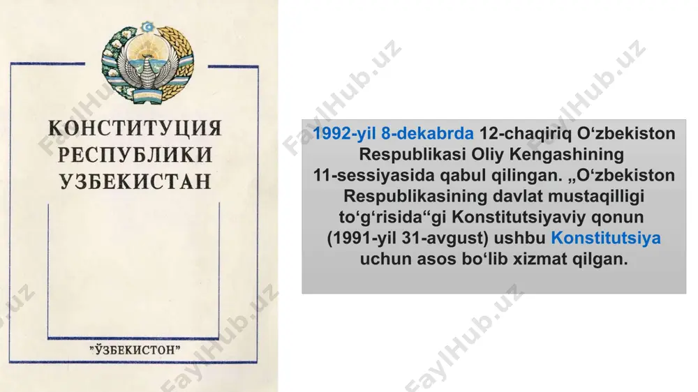 тнинг қонуний манфаатлари, ҳуқуқлари ва эркинликларига путур етказмасликлари шарт. конституциянинг янги таҳририда юқоридаги иккита норма деярли ўзгаришсиз сақлаб қолинди. шу билан бирга, қуйидагича янги норма қўшилди: инсоннинг ҳуқуқ ва эркинликлари фақат қонунга мувофиқ ва фақат конституциявий тузумни, аҳолининг соғлиғини, ижтимоий ахлоқни, бошқа шахсларнинг ҳуқуқ ва эркинликларини ҳимоя қилиш, жамоат хавфсизлигини ҳамда жамоат тартибини таъминлаш мақсадида зарур бўлган доирада чекланиши мумкин. 6. ўқитувчилар алоҳида эътирофда конституцияга ўқитувчилар ҳақида модда қўшилди. у икки банддан иборат: ўзбекистон республикасида ўқитувчининг меҳнати жамият ва давлатни ривожлантириш, соғлом, баркамол авлодни шакллантириш ҳамда тарбиялаш, халқнинг маънавий ва маданий салоҳиятини сақлаш ҳамда бойитишнинг асоси сифатида эътироф этилади. давлат ўқитувчиларнинг шаъни ва қадр-қимматини ҳимоя қилиш, уларнинг ижтимоий ва моддий фаровонлиги, касбий жиҳатдан ўсиши тўғрисида ғамхўрлик қилади. 7. ер хусусий мулк бўлиши мумкин ўзбекистонда 2022 йилдан эътиборан қишлоқ хўжалигига мўлжалланмаган ер участкаларини хусусийлаштириш бошланган. шу билан деярли бир вақтда, ўтган йили эълон қилинган янги конституция лойиҳасининг бирламчи версиясида қишлоқ хўжалигига …