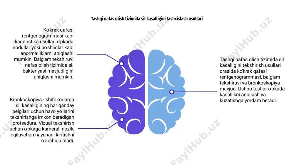 r qanday mumkin bo'lgan yurak muammolarini erta aniqlash va tegishli davolash imkonini beradi. sil bilan kasallangan bemorlarda elektrokardiografiya sil kasalligi bilan og'rigan bemorlarning yurak-qon tomir tizimini tekshirishda elektrokardiografiya hal qiluvchi rol o'ynaydi. yurakning elektr faolligini o'lchash orqali ekg har qanday anormallik yoki asoratlarni aniqlashi mumkin. sil kasalligi bilan og'rigan bemorlarda ekg yurak ritmi va tuzilishidagi o'ziga xos o'zgarishlarni aniqlashga yordam beradi. ushbu noinvaziv usul sil bilan og'rigan bemorlarning yurak sog'lig'i haqida qimmatli ma'lumotlarni beradi. ko'krak qafasi rentgenogrammasi va qon tekshiruvi kabi boshqa diagnostika vositalari bilan birgalikda elektrokardiografiya sil bilan kasallangan bemorlarning nafas olish va yurak-qon tomir tizimlarini har tomonlama baholashni yaxshilaydi. bu sil kasalligini tashxislash va davolashda asosiy komponent hisoblanadi. 100 75 50 sil kasalligida tashqi nafas olish va yurak-qon tomir tizimini tekshirish chuqur klinik baholashni, shu jumladan o'pka va yurak tovushlarini auskultatsiya qilishni o'z ichiga oladi. sil kasalligida yurak-qon tomir ko'rinishlariga diagnostik yondashuv sil kasalligida yurak-qon tomir ko'rinishlariga diagnostik …