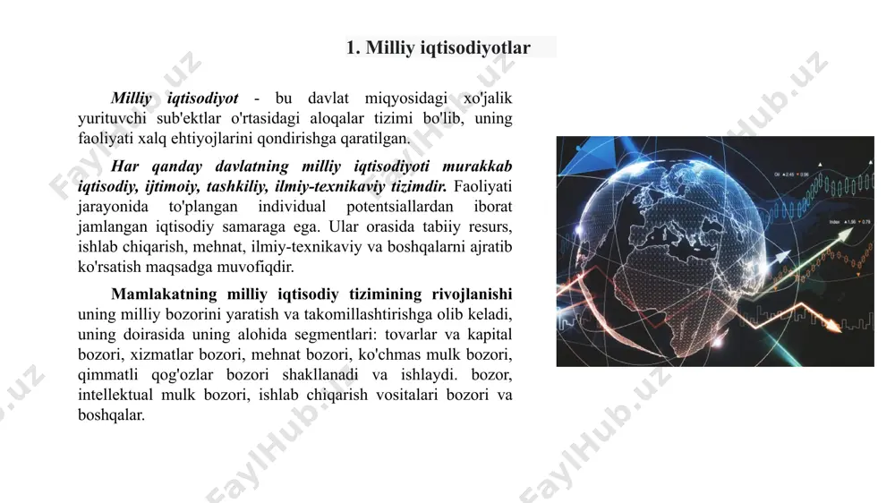 qarish va noishlab chiqarish sohalari. milliy iqtisodiyot ishlab chiqarish sohasi noishlab chiqarish sohasi moddiy ishlab chiqarish nomoddiy ishlab chiqarish xalq xo‘jaligining eng muhim tarkibiy qismi moddiy ishlab chiqarish bo‘lib, unda jamiyat hayoti va rivojlanishi uchun zarur bo‘lgan ishlab chiqarish vositalari va iste’mol tovarlari yaratiladi. moddiy ishlab chiqarishga sanoat, qishloq xoʻjaligi, qurilish, transport, savdo, aloqa, xizmat koʻrsatish kabi tarmoqlar kiradi. iqtisodiyot nazariyasida moddiy soha korxonalari orasida ishlab chiqarish vositalari ishlab chiqaruvchi korxonalar va iste'mol tovarlari ishlab chiqaruvchi korxonalar ajralib turadi. statistik hisobotda ular odatda mos ravishda "a" guruhi (birinchi bo'linma korxonalari) va "b" guruhi (ikkinchi bo'linma korxonalari) sifatida ajratiladi. nomoddiy ishlab chiqarish moddiy ishlab chiqarishdan o'z mahsuloti bilan ajralib turadi, u nomoddiy shaklga ega: ilmiy bilim va axborot; san'at asarlari (filmlar, kitoblar, teatr tomoshalari); aholiga ko‘rsatilayotgan xizmatlar. nomoddiy ishlab chiqarishga fan va ilmiy xizmatlar, madaniyat, ta’lim va sog‘liqni saqlash kiradi. noishlab chiqarish sohasiga mamlakat mudofaa, sud va yuridik organlar, diniy va …