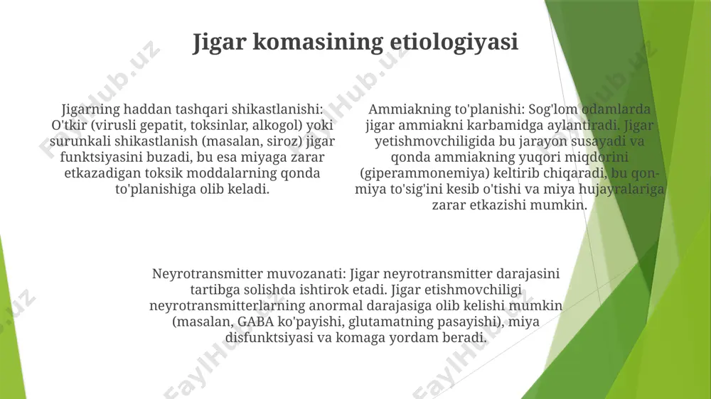 ol qilish - alomatlar: chalkashlik, disorientatsiya, koma jigar komasining differentsial diagnostikasi jigar ensefalopatiyasi - jigar faoliyatining buzilishi natijasida yuzaga keladigan nevrologik sindrom, ongning o'zgarishi, kognitiv buzilish va vosita disfunktsiyasi bilan tavsiflanadi. gepato-miya degeneratsiyasi - miyadagi degenerativ o'zgarishlarni o'z ichiga olgan surunkali, progressiv holat, kognitiv va motorli nuqsonlarga olib keladi. ko'pincha rivojlangan jigar kasalligi bilan bog'liq. metabolik ensefalopatiya - hiponatremi, gipoglikemiya yoki giperammonemiya kabi metabolik nomutanosiblik tufayli miya funktsiyasining buzilishi. bu jigar ensefalopatiyasining alomatlarini taqlid qilishi mumkin. jigar komasini davolash jigar komasi va jigar hujayra yetishmovchiligi: laktuloza va neomitsin qondagi ammiak darajasini pasaytirish uchun laktuloza yoki neomitsinni boshqaring. ushbu dorilar najasda ammiakning chiqarilishini rag'batlantirish orqali ishlaydi. jigar komasini davolash: jigarning asosiy holatini boshqaring. jigarning asosiy kasalligini aniqlang va virusli gepatit, siroz yoki dori toksikligi kabi jigar komasining sababini bartaraf etish uchun tegishli davolanishni o'tkazing. jigar ensefalopatiyasini davolash: dietani o'zgartirish ichaklarda ammiak ishlab chiqarishni kamaytirish uchun protein iste'molini cheklash. energiya darajasini qo'llab-quvvatlash …