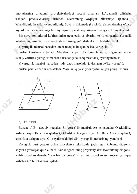 a /ab/ kesmadan "h" proyeksiya tekisligiga tushayotgan as, bs nuqtalar soyalari ko'rsatilgan. /cd/ kesmadan "v" proyeksiya tekisligiga tushayotgan ss, ds nuqtalar soyalari ko'rsatilgan. bir vaqtning o'zida /bc/ kesmasidan "h" va "v" tekisliklarga tushayotgan soyani qurish ko'rsatilgan. bu erda ko'rinib turibdiki, agarda to'g'ri chiziq kesmasidan bir o'zida ikki yoki undan ortiq tekisliklarga soya tushsa, tekisliklarni kesishuv joyida soya sinib o'tadi. soyaning sinish nuqtasini (mx) topish uchun b nuqtaning mavhum soyasini topib (bc) olish kerak. mx nuqtadan teskari nur o'tkazib to'g’ri chiziq kesmasini qanday qismidan h tekislikka va qanday qismidan н "v" tekislikka soya tushayot-ganligini aniqlash mumkin. nuqtadan umumiy vaziyatdagi tekislikka tushgan soya nuqtadan umumiy vaiyatdagi tekislikka tushgan soya berilgan nuqta orqali o'tayotgan yorugliq nurining umumiy vaziyatdagi tekislik bilan kesishuv nuqtasidir. yorug'lik nurini to'g'ri chiziq deb hisoblasak, bu masala umumiy vaziyatdagi tekislik bilan to'g'ri chiziqning kesishuv nuqtasini topishga kelti-radi(4asosiy masala). 95-shakl. to’g’ri chiziqdan tekislikka tushayotgan soyani aniqlash uchun undagi ikki nuqtaning soyasini …