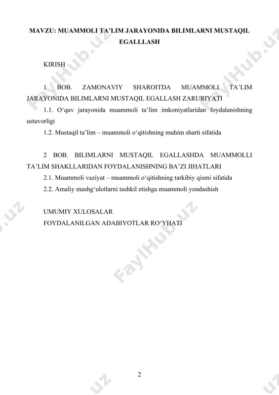 egik taraqqiyot maqsadlariga erishishi mumkin ekanini hamisha o‘zimizga yaxshi tasavvur etib kelmoqdamiz”. o‘zbekiston respublikasida uzluksiz ta’lim tizimini isloh qilish kelajakda yosh avlodni yuqori kasbiy madaniyat, ijodiy va ijtimoiy faollik, ijtimoiy-siyosiy hayotda mustaqil qatnasha olish, erkin fikr yuritish qobiliyatlarini shakllantirishga yo‘naltirilgan. bu esa o‘z navbatida talabalarning ilmiy bilim darajasini va faolligini kengaytirishni talab qiladi. oliy ta’lim muassasalarida fanlarni o‘qitish jarayonida talabalarning darsga nisbatan qiziqishlarini orttirishga, mustaqilligi va faolligini rivojlantirishga, mantiqiy tafakkurini o‘stirishga qaratilgan interfaol ta’lim olishlariga ko‘mak beruvchi innovatsion usullardan keng foydalanish maqsadga muvofiqdir. zero, innovatsion texnologiyalar asosida mantiqiy fikrlash uzluksiz ta’lim tizimini rivojlantirishning eng muhim omillaridan hisoblanadi. ular ta’lim jarayonida ma’lum o‘zgarishlarga, ta’lim mazmuni, sifati boyishiga va samarali tashkil etilishiga sabab bo‘ladigan turli tashabbus va yangiliklarning yaxlit tizimida namoyon bo‘ladi. bugungi kunda ta'lim jarayonidagi samarador o`qitish texnologiyasi – bu muammoli o`qitishdir. uning vazifasi faol bilish jarayoniga undash va tafakkurda ilmiy-tadqiqot uslubini shakllantirishdir. muammoli o`qitish ijodiy, faol shaxs tarbiyasi maqsadlariga mos …