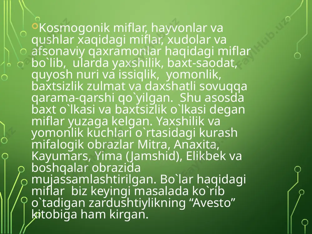 si muhammaddir(s.a.v) (570, makka - 632, madina). o`z targ`ibotini u 609-610 yillarda makkada boshlagan va qarshilikka uchragan, 622 yilda madinaga ko`chgan. arab tilida "ko`chish", "xijrat" deyiladi va shundan xijriy yil hisobi boshlanadi. islom dini, avval boshidanoq, insonni o`qib-o`rganishga, ilm vositasi bilan dunyoni anglab yetishga da`vat qiladi. qur`onda "ilm" so`zidan chiqqan "alima" (bilmoq) so`zi 750 marotaba uchraydi. islom dini kibrni qoralaydi, qabilachilik xurofotlariga keskin qarshi chiqadi, irqiy birodarlik o`rniga insoniy birodarlik jamoasi-"umma" tushunchasini kiritadi. bu narsa insoniyatning ma`naviy takomilida muhim burilish nuqtasi bo`ldi. ilohiyotda islom dini uch elementdan iborat-iymon, islom va ehsondan iborat deb etirof etilgan iymon talablari 7ta aqidani -allohga, farishtalarga, muqaddas kitoblarga, payg`ambarlarga, oxirat kuniga, taqdirning ilohiyligiga va o`lgandan keyin tirilishiga ishonish talablarini o`z ichiga oladi. islom talablariga, yani din asoslari-arkon ad-din deb nom olgan 5 ta amaliy marosimchilik talablari-kalima keltirish-namoz o`qish-ro`za tutish zakot berish va imkoniyat topilsa xaj qilish talablari kiradi. islom kishilar ongi va turmushiga tasir etishi, …