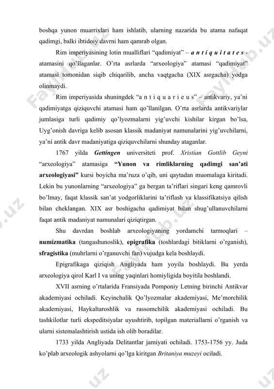 olingach, bu yerda ham mazkur fanga qiziqish orta boshlaydi. 1895 yil 11 dekabrda turkiston arxeologiya havaskorlari to’garagi tuziladi. xix asrning 80-90-yillarida mahalliy aholi orasidan ham qadimiyatga qiziquvchilar ko’payadi. masalan, mirza buxoriy mirza abdullo, mirza barat mullaqosimov, akram polvon asqarov, muhammad vafo, alixo’ja yunusov, mirza hakim va boshqalar qadimgi buyumlar hamda chaqatangalarni to’plash bilan shug’ullanishgan. bu davrda afrosiyob, ulug’bek rasadxonasi va poykand xarobalarida dastlabki qazuv ishlari olib borilgan. keyinchalik v.l. vyatkin afrosiyob xarobasini (1925, 1929-30), b.p. denike qadimgi termizni (1926-27), m.ye. masson ohangaron vodiysini (1925-28), ayritom xarobalarini (1932-33), qadimgi termizni (1936-38), a.y. yakubovskiy zarafshon vodiysini (1934, 1939), v.a. shishkin tali barzu (1936-38) va varaxshani (1936-39), s.p. tolstov va y.g’. g’ulomov qadimgi xorazm vohasida (1937-50), a.p. okladnikov teshiktosh va machay g’orlarini (1938-39), v.v. grigorev qovunchitepa xarobalarini qazib o’rgandilar. 1940 yilda o’rta osiyo davlat universitetining tarix fakulteti bazasida m.ye. massonning tashabbusi bilan o’rta osiyo arxeologiyasi kafedrasi tashkil etiladi. kafedra a‘zolari tomonidan o’rta osiyoning …