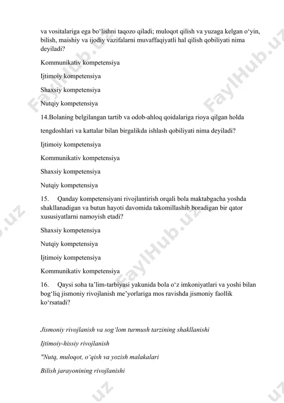 -quvvatlash – bu jamoaviy ish bo‘lib, uni amalga oshirishga kim mas’uldir? direktor mudira tarbiyachi metodist 32.nima muhim vosita bo‘lib, uning yordamida pedagoglar davlat talablariga muvofiq muayyan yosh guruhidagi bolalar uchun ta’lim va tarbiya jarayonini tashkil etishning eng maqbul va samarali shakl, metod hamda yo‘llarini belgilaydi? dastur davlat talablari shaxsiy ish reja kunlik reja 33.shaxsning biror kishi yoki narsaga (masalan, shaxsga, guruhga, tashkilotga, masalaga, hodisaga, belgiga) nisbatan umumiy psixologik munosabati nima deyiladi? xulq-atvor malaka tarbiya ta’lim 34.olg‘a intilish natijasida muntazam o‘zgarish jarayoni, bir holatdan mukammalroq boshqa holatga, oddiydan murakkabga, pastdan yuqoriga o‘tish nima deyiladi? rivojlanish xulq-atvor malaka tarbiya 35.bolalarga taʼlim va tarbiya berishga, ularni intellektual, maʼnaviyaxloqiy, etik, estetik va jismoniy jihatdan rivojlantirishga, shuningdek bolalarni umumiy oʻrta taʼlimga tayyorlashga qaratilgan uzluksiz taʼlim turi qaysi? maktabgacha ta’lim-tarbiya maktab ta’limi katta maktab oliy ta’lim 36.nogironligi boʻlganidan yoki boʻlmasligidan qatʼiy nazar, oila, pedagoglar, mutaxassislar, jamiyat va davlatning alohida eʼtiboriga muhtoj boʻlgan individual ehtiyojlarga ega bolalar …