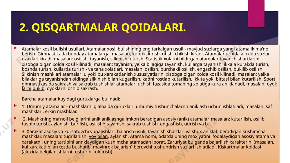 rish xolatlari. oyoklarni ikki yokka, burchak bilan, xuddi shunday oyoklar ikki yokka, bukilib, ushlab turib, belda, tovonlarga, xuddi shu engashish bilan va b. utirishlar farklanadi. tizza bukib ugirish - bukilgan oyoklarda mashk kilayotgan xolati, engashish bilan yarim burilib utirish - "suzuvchi starti", ungga bukilib utirish. oyokni tashlash - oyokni oldinga chikarish va bukish xarakati yoki xolati, engashib oyokni tashlash, oyokni katta tashlash. farklanadi: utirib tayanish, ung tizzaga tayanish, xuddi shu kul - boshka kul kutarilgan, tik turib tayanish, yelkalarga yotib tayanish, belga yotib tayanish, sung oyokka utirib tayanish va b. kul va oyoklar bilan xarakatlar bir paitda, navbatma-navbat, tartib bilan bajarilishi mumkin. bir xil, xar xil, parallel, simmetrik va nosimmetrik xarakatlar farklanadi. ular asosiy va oralik tekislikda tugri yoki bukilgan kullar bilan bajariladi. ikkinchi xolda atamaga "bukish" suzi kushiladi. masalan, kullarga orkaga bukish, ung yoki ikkisini tomonga bukish. shu atama oyoklarni bukishda xam kushiladi. masalan: ungni bukish, ungni oldinga orkaga …