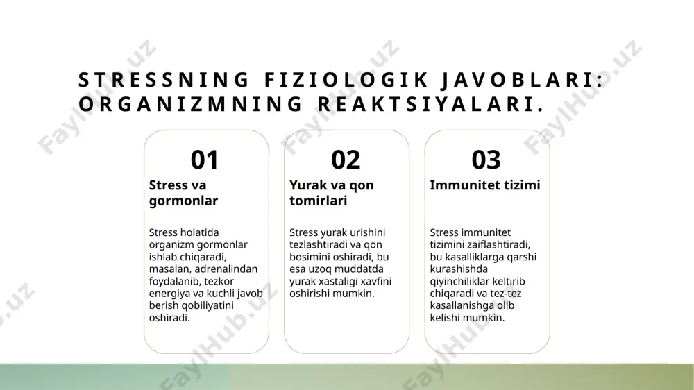 hqarishda psixologik va fiziologik usullarni birlashtiradi. meditatsiya va yoga stressni kamaytirishga yordam beradi. 3 madaniyat va salomatlik o'zbek madaniyati stress va salomatlik o'rtasidagi bog'lanishni kuchaytiradi. an'anaviy usullar sog'liqni saqlashda muhim ahamiyatga ega. stressni boshqarish: salomatlik va madaniyat o'rtasidagi bog'lanish. stressni boshqarish madaniy yondashuvlar salomatlikni qo'llab-quvvatlash stressni boshqarish, odamning ruhiy va jismoniy salomatligini saqlashda muhim rol o'ynaydi, bu esa stressni kamaytirishga yordam beradi. o'zbek madaniyatida stressni boshqarish usullari, an'anaviy musiqalar, raqslar va oilaviy uchrashuvlar orqali stressni kamaytirish imkonini beradi. stressni boshqarish, jismoniy salomatlikni yaxshilaydi, immun tizimini kuchaytiradi va surunkali kasalliklarning oldini olishda muhim ahamiyatga ega. xulosa 1 stress va salomatlik stress, psixologik va fiziologik jarayonlar o'rtasidagi bog'lanishni anglab, salomatlikka ta'sirini o'rganish zarur. bu, stressni boshqarish uchun muhimdir. 2 psixologik jarayonlar psixologik jarayonlar stressga ta'sir qiladi va shaxsning ruhiy holatini belgilaydi. ularning o'zaro munosabati, stressni boshqarishda asosiy o'rin tutadi. 3 madaniyat va stress o'zbek an'analari stressni boshqarishda samara beruvchi yondashuvlar taklif etadi. …