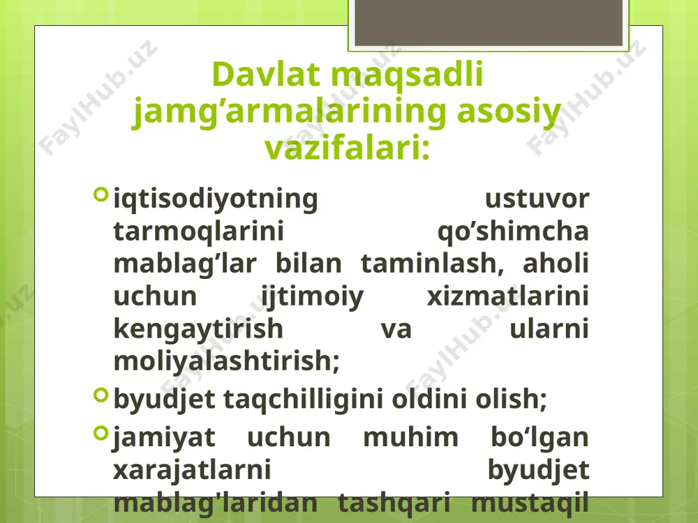 h maqsadi import uskunalarini xarid qilish status liniya amalda savdoni moliyalashtirish xalqaro islom korporatsiyasining moliyalashtirish liniyasi moliyalashtirish qiymati 10 mln. aqsh dollarigacha moliyalashtirish muddati 1 yilgacha moliyalashtirish stavkasi yillik 9% dan moliyalashtirish maqsadi import uskuna, maxsus texnika va import xom ashyo (aylanma kapital) xarid qilish status liniya amalda /docprops/thumbnail.jpeg