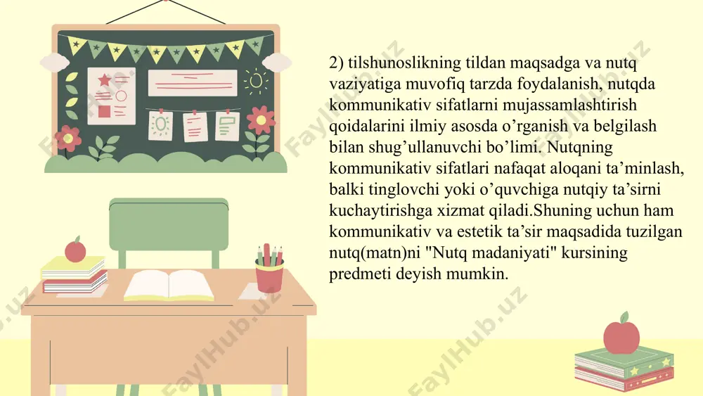 him sanaladi. ya’ni notiq auditoriyani hisobga olishi - ularning bilim daraja-sidan yoshigacha, hatto nutq ijro etilayotgan paytdagi kayfiyatigacha kuzatib turilishi, nutqning tinglovchilar tomonidan qabul qilinishi nazorat qilib borilishi lozim bo`ladi. malakali bilimga ega bo`lgan kishilar oldida jo`n, sodda tilda gapirish maqsadga muvofiq bo`lmagani kabi, oddiy, yetarli darajada ma’lumotga ega bo`lmagan auditoriya oldida ham ilmiy va rasmiy tilda gapirishga yo`l qo`yib bo`lmaydi. nutqning maqsadga muvofiqligi ma’lumki, so`zlovchi tomonidan rejalashtirilgan yoki vaziyatga qarab so`zlanadigan nutq ma’lum maqsadga yo`naltirilgan bo`ladi. ya’ni so`zlovchi aniq maqsad va manfaatni ko`zlab, til vositalaridan foydalanadi. adabiy til me’yorlariga amal qilib so`zlangan nutq to`g’ri, aniq, toza, mantiqiy, ta’sirchan, demak, maqsadga muvofiq nutq sanaladi. tadqiqotchilarning fikrlariga asoslanib, «nutq faoliyatida muallif o`z oldiga qo`ygan maqsadni eng aniq, eng to`g’ri, eng yaxshi, eng ta’sirchan, eng tushunarli qilib ifodalaydigan so`zlarni, so`z birikmalarni, gaplarni topishga, tanlashga intiladi. bu vositalarni yaxlit qilib, «maqsadga muvofiqlik» deb belgilash mumkin». thank you for your attention image1.png image2.png image3.png …