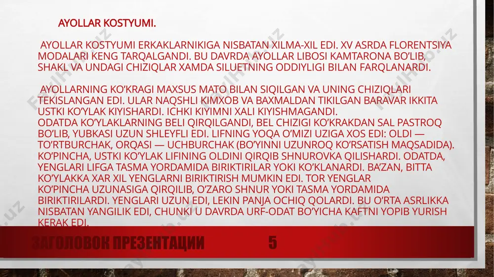 vaffakiyatsiz olib borilgan urushlar frantsiyaning axvolini og’irlashtirib, ularga qaram qilgandi. kuchli ispaniya frantsiyaning madaniyati va kostyumini butunlay o’ziga qaratib ololmadi. xv asr oxiridan boshlab frantsiyaga asta-sekin italiya renessansining gumanistik dunyoqarashi va badiiy ideallari tarqalgandi. adabiyotda va san’atda o’zining realistik yunalishi paydo bo’lgandi. erkaklar kostyumi. frantsiya kostyumi ispaniya kostyumiga taqlid qilsa xam, ular kostyumida o’z dinini va fe’lini ifodalagan o’ziga xos xususiyatlar sezilardi. frantsiya kostyumlari xech qachon butik va krtib turgan bo’lmagan, kostyumga doimo qandaydir milliy didga oid yumshoqlik, yengillik kiritilardi. ularning kostyumi yorqin, och va quvnoq bo’lib, erkin va elegant xarakat kilishga imkoniyat berardi. modada matolar — baxmal, movut, shoyi, kimxob bo’lgandi. shu qimmatbaxo matolar tilla va kumush kashta va mayda marvarid bilan bezatilardi. 12 frantsiya kostyumi fotosuratlari 13 ayollar kostyumi. ayollar kostyumi erkaklarnikiga nisbatan ispan modasi ta’siriga kamroq tushgandi. ispan ko’ylaklarini frantsuz ayollari faqat odob yuzasidan tantana munosabati bilan kiyishardi. bu og’ir va noqulay kiyimlarni ular uzlarini didlariga mods …