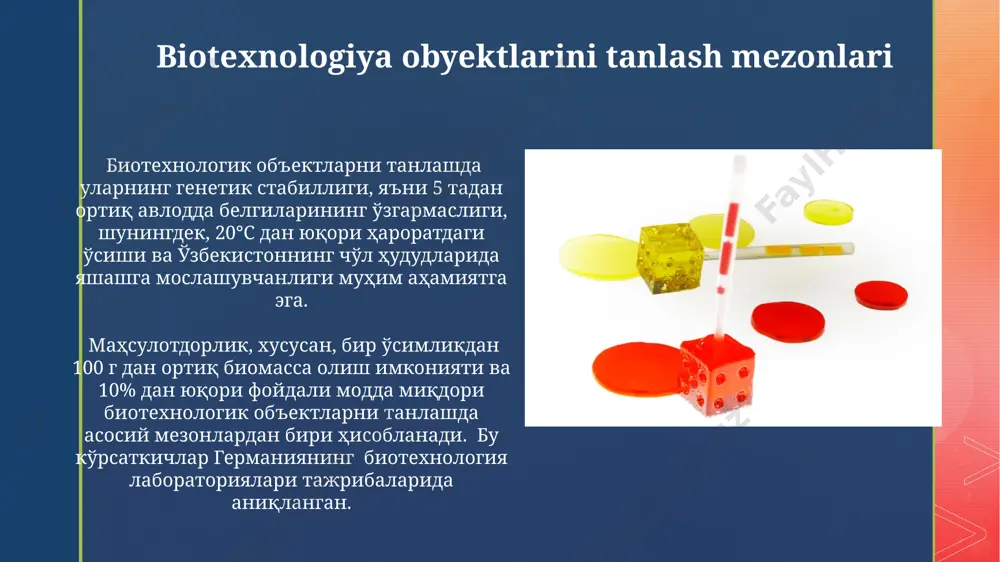 jratib olish va ularning samaradorligini tekshirish muhimdir. sut kislotali bakteriyalarni tanlashda, yog' tarkibi yuqori bo'lgan sut mahsulotlarini ishlab chiqarish uchun optimal sharoitlarda o'sadigan 3 ta eng yaxshi shtammlarni qashqadaryo viloyatidagi sut zavodlarida sinovdan o'tkazish tavsiya etiladi. e'tiboringiz uchun rahmat @taqdimot_robot image4.jpg image5.jpg image6.jpg image7.jpg image8.jpg image9.jpg image10.jpg image11.jpg image12.jpg image13.jpg image14.jpg image15.jpg image2.png image3.png