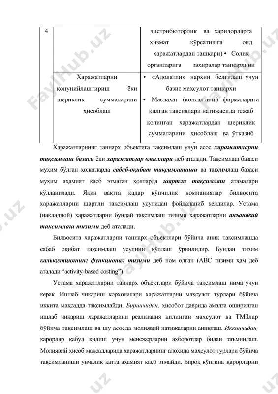 ма харажатлар биринчи босқичда тақсимлаш базаси (харажат омили) амортизация, мол-мулк солиғи, асбоб-ускуналарни суғурта қилиш асбоб-ускуналарнинг қиймати ижара, коммунал хизматлар, бино суғуртаси майдон, бино ҳажми маъмурият, ошхона ходимлар сони маркетинг бўлими сотиш персоналининг сони иккинчи босқичда устама харажатларни маҳсулотлар турлари бўйича тақсимлашда асосий ишлаб чиқариш ишчиларининг иш соатлари (меҳнат-соатлари) ёки асбоб-ускуналар иш соатлари (машина-соат) тақсимлаш базаси сифатида олинади. бошқа тақсимлаш базалари ҳам қўлланилиши мумкин: асосий ишлаб чиқариш ишчилари меҳнати харажатлари, материал харажатлар, тайёр маҳсулотлар бирлиги миқдори ва бошқалар. устама харажатларни тақсимлаш ставкасини аниқлаш формуласи: устама харажатларни тақсимлаш ставкаси = устама харажатлар тақсимлаш базаси (харажат омили) бу формула таннархни калкуляция қилишнинг анаъавий ва функционал тизимларининг хар қандай босқичида қўлланилади. мисол учун, 15000 бирлик маҳсулот ишлаб чиқариш учун ҳар бирига тўғридан-тўғри 2 соат ишлаб чиқариш ишчиларининг иш соатлари сарфлаш бюджетлаштирилган. жами бюджетлаштирилган устама харажатлар $138.000 ташкил этади. устама харажатларни тақсимлаш ставкаси ҳисобланади: жами бюджетлаштирилган устама харажатлар = $138.000 = $4.60 жами бюджетлаштирилган тўғридан …