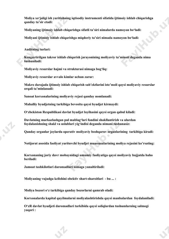 qaysi manbalardan foydalaniladi: o‘zr davlat byudjeti daromadlari tarkibida qaysi soliqlardan tushumlarning salmogi yuqori : byudjet tizimining mohiyati - bu ... : byudjet orqali tartibga solish – bu ... : byudjetning tartibga soluvchi daromadlari qaysi javobda keltirilgan: davlat byudjetining taqsimlash (qayta taqsimlash) funksiyasi nimani ifodalaydi: byudjet rezervlarining mohiyati – bu ... : moliyaning asosiy funksiyalarini ko‘rsating: pensiya to‘lovlarining tabiati qanaqa: davlat kreditida davlat kim sifatida ishtirok etadi: davlat qarzini boshqarishning mohiyati nimada: moliyaviy munosabatlarni tashkil etish usullari, turlari, dastak va vositalari yig‘indisi tarifi qaysi moliyaviy tushunchaga tegishli: «moliyaviy munosabatlar, markazlashgan va markazlashmagan pul fondlari, moliyaviy munosabatlarni va pul fondlarini boshqarish organlari yig‘indisi» tarifi qaysi tushunchaga tegishli: korxona moliyaviy resurslarining shakllanish manbalari qaysi javobda to‘liq ko‘rsatilgan: davlat moliyaviy nazoratini amalga oshiruvchi organlar tarkibiga quyidagilarning qaysilari kirmaydi: faqat respublika byudjetidan moliyalashtiriladigan xarajat qaysi javobda to‘g‘ri ko’rsatilgan: davlat krediti shakllari qaysi javobda to‘liq kursatilgan: notijorat sektorini moliyalashtirish manbalari qaysi javobda to‘g‘ri ko’rsatilgan: quyidagilardan qaysi …