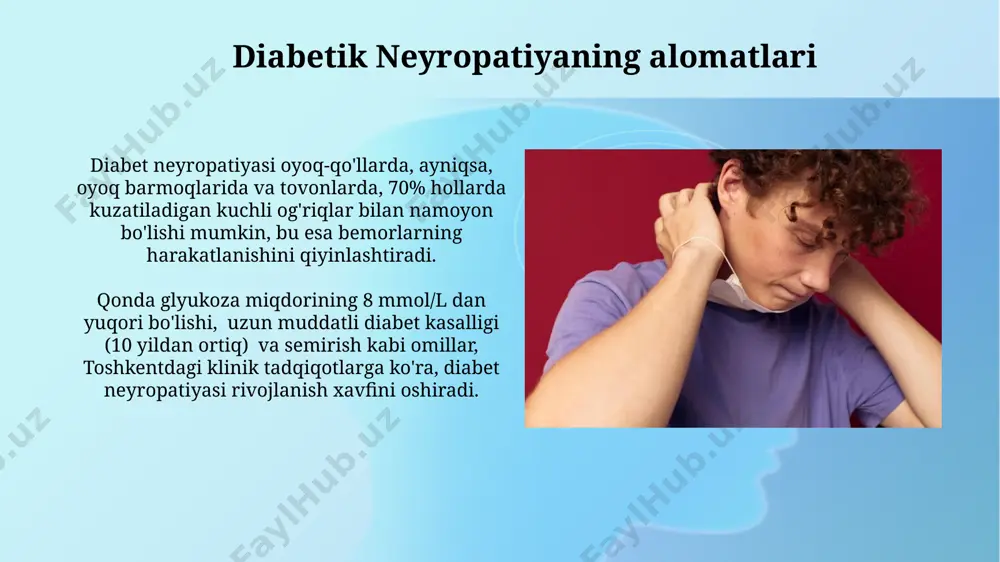 omatlari postherpetic nevralgiya bilan og'rigan bemorlarda 30% gacha hollarda tez-tez uchraydigan allergik reaktsiyalar kuzatiladi, bu esa qo'shimcha davolashni talab qiladi va bemorning umumiy ahvolini yomonlashtirishi mumkin, masalan, toshma va qichishish kabi alomatlar toshkent shahrida kuzatilgan. postherpetic nevralgiyaning og'riq intensivligi har xil bo'lib, 1 dan 10 gacha og'riq shkalasi bo'yicha baholanadi, ba'zi bemorlarda esa og'riq juda kuchli bo'lib, 8-10 ballga yetadi va bu odamlarning kundalik hayotini jiddiy ravishda buzadi, hatto uyqusizlikka ham olib keladi. e'tiboringiz uchun rahmat @taqdimot_robot image2.jpg image3.jpg image4.jpg image5.jpg image6.jpg image7.jpg image8.jpg image9.jpg image10.jpg image11.jpg image12.jpg image13.jpg image14.jpg image15.jpg image16.jpg image17.jpg image18.jpg image1.png