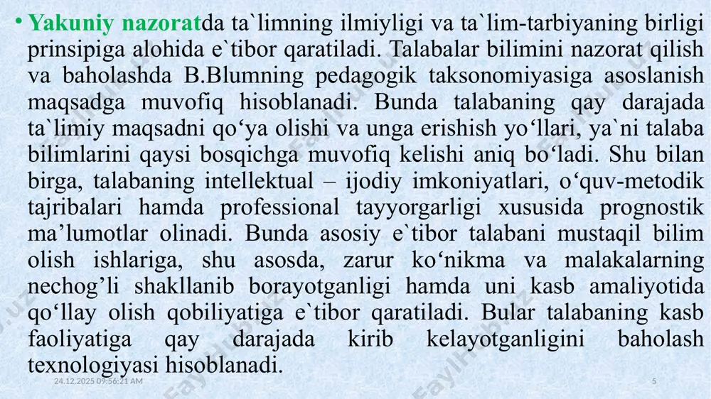 lashtirilib yuboriladi; - ba`zan xulqni baholash bilimni baholashni cheklab qoʻyadi; - baholar oʻqituvchi tomonidan sub`ektiv belgilanishi mumkin; - ta`lim oluvchiga nisbatan simpatiya ham bahoni yuqori qoʻyib yuborishga olib keladi; - bilimlarni ob`ektiv va haqqoniy baholashning pasayishiga imkoniyat yaratadi. 21.02.2022 19:16:43 14 “qanday?” ierarxik diagrammasi «qanday?» ierarxik diagrammasi asosida faoliyatni tashkil etish qoidalari: vujudga kelgan muammoni sababini aniqlash zarur, ammo ana shu muammoni qanday yoʻllar bilan hal etish mumkin degan savolga javob berishni oʻrganish muhim vazifalardan biridir. «qanday?» ierarxik diagrammasi ana shunday hollarda samarali natija beradi. «qanday?» ierarxik diagrammasi muammo haqida butunligicha umumiy tasavvurga ega boʻlishga imkon beradigan savolarning mantiqiy zanjiri koʻrinishida namoyon boʻladi. ketma-ket ravishda «qanday?» savolini qoʻyish orqali siz faqat muammoni hal etishning barcha imkoniyatlarini tadqiq etibgina qolmay, balki ularni amalga oshirish usullarini ham oʻrganasiz. 21.02.2022 19:16:43 15 diagramma strategik darajadagi savol bilan ish boshlaydi. muammoni hal etishning quyi darajasi birinchi navbatdagi harakatlar roʻyxatiga mos boʻladi. oʻylamay, baholamay va …