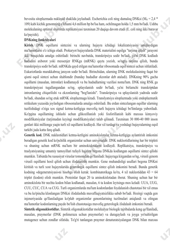 n bo'lib, bir ipning 5' uchi ikkinchi ipning 3' uchiga to'g'ri keladi. 4) dnk molekulasining har bir zanjiri replikatsiya jarayonida yangi komplementar zanjir hosil bo'lishi uchun shablon bo'lib xizmat qilishi mumkin. turli organizmlarning dnk tuzilishi. dnkning irsiy materialni saqlash va uzatish matritsasi sifatidagi hajmi va funktsiyasi ushbu molekulaning tashkil etilishida maxsus strukturaviy elementlarning mavjudligini tushuntiradi. yuqori organizmlarda dnk xromosomalar orasida taqsimlanadi. demak, novvoy xamirturushida (saccharomyces cerevisiae) 16 ta, meva chivinida (drosophila melanogaster) 4 ta, nematodada (caenorhabditis elegans) 6 ta, odamlarda 23 ta xromosoma mavjud. organizmning dnk (xromosomalar) to'plamiga genom deyiladi. xromosomalar hujayra yadrosida joylashgan bo'lib, xromatin deb ataladigan tuzilishni hosil qiladi. xromatin 1:1 nisbatda dnk va asosiy oqsillar (gistonlar) majmuasidir. dnk uzunligi odatda qo'shimcha nukleotidlar juftlari soni (bp) bilan o'lchanadi. masalan, 3-inson xromosomasi 160 million bp dnk molekulasidir. uzunligi taxminan 1 mm ni tashkil qiladi, shuning uchun 3-inson xromosomasining chiziqli molekulasi 5 mm uzunlikda bo'ladi va gaploid hujayraning barcha 23 …
