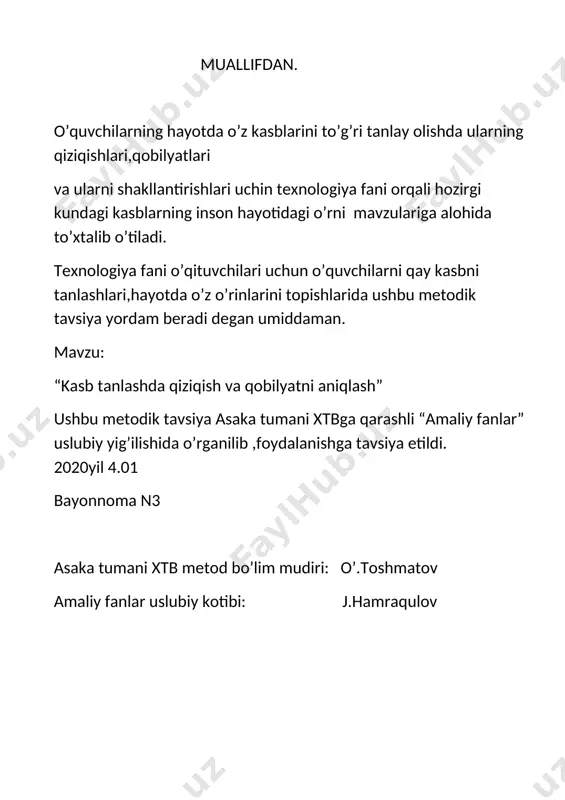 kin. kasblar tasnifi uchun har xil belgilarni asos qilib olish mumkin. kasblar beshta tipga bo’linadi: 1. odam-tabiat’’.urug’shunos,meva –sabzavotshunos,davlat urug’chilik inspersiyasi labaranti,chorvodor,kimyoviy bakteriyologik tahlil labaranti,zootexnik agronom kabi kasblar kiradi. yuqoridagi kasblarni tanlashda insondan tashabbuskorlikni tabiatga nisbatan g’amxo’rlikni va uzoqni ko’ra oladigan hislatlarni talab etadi. 2.”odam-texnika”. bunday kasblar tipida mehnatning asosiy yetakghi predmeti –texnika ob’ektlari materiallar,energiya turlaridan iborat. 3.”odam-odam”.bu yerda asosiy mehnat predmeti odamlardir. -odamlarni o’qitish va tarbiyalash bilan ,bolalar jamoalarini uyushtirish bilan bog’liq bo’lgan kasblar tarbiyachi va o’qituvchi -maishiy xizmat,aloqa,savdo xizmati bilan bog’liq bo’lgan kasblar;sartarosh,aloqa telefonistkasi,ekskursavod,sotuvchi. -tibbiy xizmat ko’rsatish bilan bog’liq kasblar;fel’dsher,hamshira shifokor. 4.”odam-belgi tizim”.kasblarning bu tipida shartli belgilar,raqamlar,kodlar, mehnat predmeti hisoblanadi. tarjimon,sekratar -mashinistka,telegrafchi,g’aznachi,dasturchi,chizmakash va topograf,texnik –geodezist,injener va boshqalar. mazkur tipdagi kasblarning birortasida muaffaqatliyatli ishlash uchun manashu belgilar olamiga ,sirtdan qaraganda bu belgidan iborat ma’lumotlarga qarata oladigan darajadagi alohida qobilyat zarur . 5.”odam-badiiy obraz”.kasblarning bu tipida badiiy obrazlar, ularning tuzilishi usullari etakchi mehnat predmeti hisoblanadi.aktiyorlik,poyabzal konstruktor,grafik rassom,teatr artisti,estrada artisti, badiiy adabiyot …