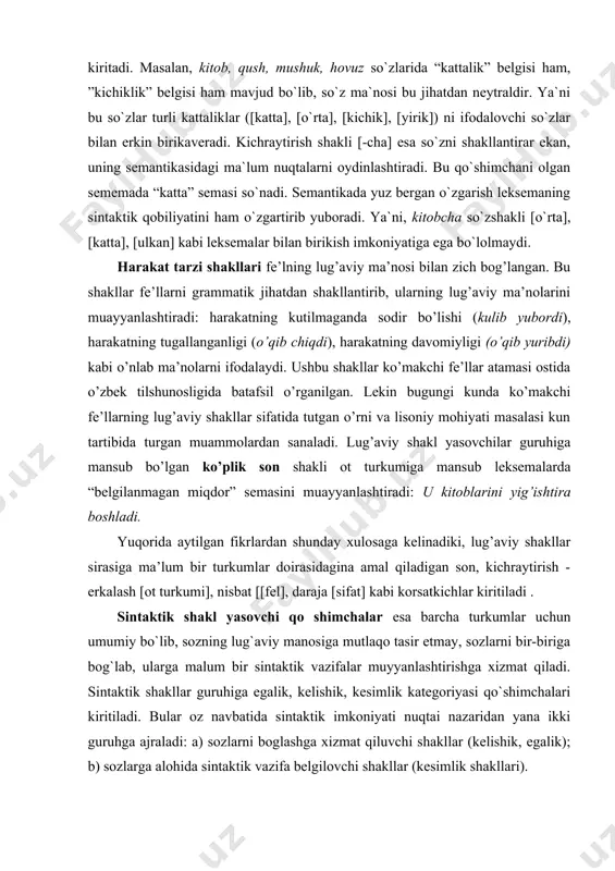 ari bilan birgalikda gapning kesimiga xos bo`lib, shu mavqeda qanday soz kelishidan qat` iy nazar, bu kategoriya manolari voqelanadi. masalan: “men talabaman” gapida ham, talabaman sozshakli kesimlik shaklidir, bolishli, aniqlik mayli, hozirgi-kelasi zamon, i shaxs, birlik son shaklidadir. yoki “men yozaman” gapi yuqorida sanab otilgan shakllarda ozgaradi. shu sababli, kesimlik kategoriyasi alohida kategoriya sifatida ajratilib, mayl, zamon, shaxs-son shakllari fel shakllari tizimidan chiqarilgan va kesimlik kategoriyasi tizimida o`rganilmoqda. sozlarga alohida sintaktik vazifa belgilovchi kategoriya bo`lgan kesimlik shakllari (mayl-zamon, shaxs-son, tasdiq-inkor)ning manoviy tomonini sozlovchining harakatga va harakatning nutq momentiga munosabatini ifodalash, harakat bajaruvchisining shaxsi va sonini, bor- yoqligini ifodalash tashkil etsa, uning sintaktik tabiati gap kesimini shakllantirishidadir. aloqa-munosabat qo`shimchalari bilan birikish xususiyatiga kora sozlar ikki guruhga ajraladi:ozgaradigan sozlar;ozgarmas sozlar;ozgaradigan sozlar guruhiga ot, sifat, son, taqlid, olmosh, felning kesimlik shakli, sifatdosh, harakat nomi kiradi. ozgarmas sozlar tarkibiga ravish, ko`makchi, boglovchi, yuklama, ravishdosh, so`z - gaplar kiradi. аdabiyotlar: 1. менглиев б. морфологик воситаларнинг …