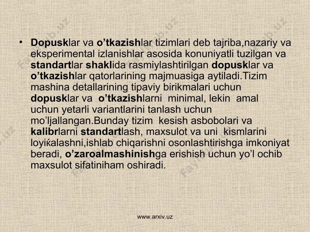 bu asboblarni xar biri muayyan dopuskli bir o’lchamga ishlov berishi mumkin.vallar esa,o’lchamidan qattiy nazar,bitta keskich yoki jilvirlash doirasi bilan ishlanishi mumkin.teshik sistemasida turli chekli o’lchamlarga ega teshiklar soni val sistemasiga nisbatan kam bo’ladi,demak bu teshiklarni ishlash uchun zarur kesish asboblari soniham kam bo’ladi.shu sababli teshik sistemasi kengrok tarqalgan va afzal debhisoblanadi. ammo ba’zihollarda konstruktsion sabablarga ko’ra val sistemasini qo’llash zaruriyati paydo bo’ladi,masalan bir valga bir nominal diametrli turli o’tkazishlar bilan biriktiriladigan ketma ket joylashgan teshiklar kiygizilganda (2 rasm). tortki, o’qlar, vallar kabi detallar yuqori aniqlikdagi sovuk kiryalangan chiviklardan mexanikaviy ishlovsiz tayyorlangandaham val sistemasidan foydalangan afzal. www.arxiv.uz www.arxiv.uz 2-rasm www.arxiv.uz www.arxiv.uz www.arxiv.uz www.arxiv.uz dopusklar tizimini qurish uchun dopusk birligi tushunchasi kiritilgan. dopusk birligi aniqlik o’lchovi bo’lib, dopuskni nominal o’lcham bilan bog’lanishini ifodalaydi.o’lchamlari 1 mm.dan 500 mm.gacha bo’lgan metall detallarning ishlov berish xatoligi bir xil texnologik sharoitlarda quyidagi konun bo’yicha o’zgarishi aniqlangan: bu yerda x qiymati 2,5 bilan 3,5 orasida o’zgaradi.shu izlanishlar …