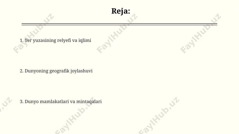 an boʻlib, ularning tur tarkibi juda xilma-xildir. taxminan 390 000 ga yaqin maʼlum oʻsimlik turi mavjud boʻlib, ularning aksariyati tropik va subtropik mintaqalarda, biomlar deb ataluvchi katta ekologik hududlarda joylashgan. oʻsimliklarning geografik tarqalishi iqlim, tuproq, balandlik va boshqa ekologik omillarga bogʻliq boʻlib, biomlarni xaritalashda bu omillarni hisobga olish muhim hisoblanadi. tuproqlar tuproq hosil bo'lish jarayoni (pedogenez) o'rtacha 100 yilda 1 sm qalinlikdagi tuproq qatlamini hosil qiladi, bu esa tuproqning qiymatini va himoya qilishning ahamiyatini ko'rsatadi. tuproqlarning taxminan 12 foizi dunyo quruqliklarining yuzasini egallaydi va ularning tarkibi, tuzilishi va unumdorligi geografik joylashuvga, iqlim sharoitlariga va boshqa omillarga bog'liq. o'rta osiyo hududida uchraydigan sariq-qo'ng'ir tuproqlarning ph darajasi 7-8 atrofida bo'lib, bu o'simliklar uchun ma'lum darajada ishqoriy muhitni anglatadi. siyosiy xarita jahon siyosiy xaritasida 7 ta qit'a, 5 ta okean va 195 dan ortiq mamlakatlarning geografik joylashuvi, shuningdek, ularning o'zaro munosabatlarining dinamikasini aks ettiruvchi turli xil siyosiy tizimlar ko'rsatilgan. siyosiy xaritaning tarkibiy qismlariga …