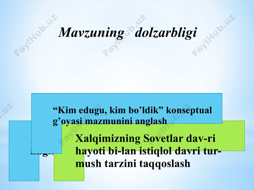 bdug’anievich karimov saylandi mustaqillikka qo‘yilgan ilk qadamlar: 1989 yil 21 oktyabr “davlat tili to‘g‘risida”gi qonun 1990 yil 20 iyun “mustaqillik deklaratsiyasi” 1991 yil 27 avgust iiv va mxk o’zbekiston tasarrufiga o’tdi 1990 yil 24 mart prezidentlik instituti 1991 yil 31 avgustda o‘zbekiston respublikasi oliy soveti xii chaqiriq navbatdan tashqari vi sessiyasida davlat mustaqilligi va mustaqil suveren o‘zbekiston respub-likasi davlati tashkil topganligi e'lon qilindi mustaqillik – o‘zaro hurmat, bir-birini tan olish, bir-birini qadrlash asosida mamlakat fuqarolari o‘zaro munosabatida ham, davlatlar o‘rtasidagi aloqalarda ham ana shu umuminsoniy qadriyatlarga tayanish, umumiy mezonlar asosida yashash demakdir. mustaqillik – jamiyatdan ajralmagan holda dunyo muammolari va o‘z taqdiri bilan bog‘liq bo‘lgan istiqlol haqida o‘ylashdir. mustaqillik – erkin dunyoqarash, erkin tafakkurga suyanib yashash salohiyatidir. o‘zbekiston respublikasi o’zbekiston res-si davlat bayrog‘i davlat gerbi 1991 yil 18 noyabrda 1992 yil 2 iyulda o‘z.res.oliy kengashining o’z.res.oliy kenga- viii sessiyasida qabul qilingan. shining x sessiya- sida qabul qil-an davlat ramzlari o‘zbekiston …