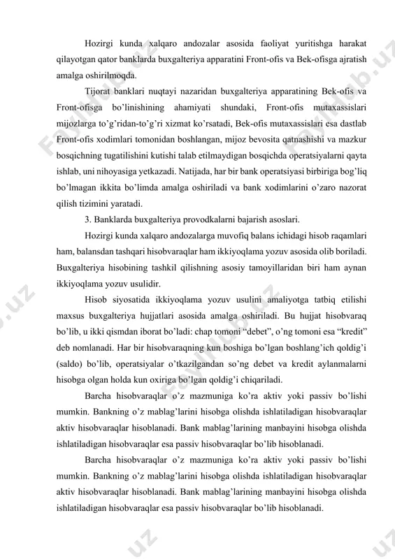 blanadi. barcha hisobvaraqlar o’z mazmuniga ko’ra aktiv yoki passiv bo’lishi mumkin. bankning o’z mablag’larini hisobga olishda ishlatiladigan hisobvaraqlar aktiv hisobvaraqlar hisoblanadi. bank mablag’larining manbayini hisobga olishda ishlatiladigan hisobvaraqlar esa passiv hisobvaraqlar bo’lib hisoblanadi. yuqoridagi jadvalda ko’rib turganimizdek, hisobvaraq ikki qismdan iborat bo’lib, uning debetida kun boshiga bo’lgan qoldiq aks ettirilgan (1). kun davomida turli operatsiyalar bo’yicha hisobvaraqqa kelib tushgan mablag’lar (2) jamlanib “debet” bo’yicha aylanmalarni (3) hosil qiladi. hisobvaraqdan tovarlar, xizmatlar va notovar operatsiyalar bo’yicha to’lovlar, ya’ni mablag’larning hisobdan chiqarilishi (4) hamda shu barcha to’lovlar bo’yicha umumiy aylanmalar (5) hisobvaraqning kredit tomonida aks ettirildi. endi kun oxiriga bo’lgan qoldiqni (6) topish uchun boshlang’ich qoldiq summasiga kun bo’yi kelib tushgan mablag’lar bo’yicha aylanmalar summasini qo’shib, kun bo’yi hisobdan chiqarilgan mablag’lar yig’indisini ifodalovchi aylanmalar summasini ayiramiz. shunday qilib, aktiv hisobvaraq bo’yicha kun oxiriga bo’lgan qoldiq summasini hisoblab chiqarish mumkin. yuqoridagi jadvalda ko’rib turganimizdek, hisobvaraq ikki qismdan iborat bo’lib, uning debetida kun boshiga …