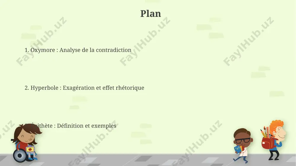 lecture et la perception du texte; on observe 70% d'antéposition dans ce corpus. définition et exemples d'oxymorons on retrouve au moins 2 types d'oxymorons : les oxymorons explicites (ex: "silence assourdissant") et les oxymorons implicites (nécessitant une analyse plus approfondie du contexte). les oxymorons, combinant deux termes contradictoires, créent un effet de surprise ; par exemple, "une douce violence" juxtapose 2 termes opposés pour exprimer une complexité émotionnelle. comparaison et contraste des trois figures de style alors que l'épithète et l'hyperbole peuvent être utilisées individuellement, l'oxymore nécessite la juxtaposition de deux termes pour produire son effet stylistique particulier. l'hyperbole, contrairement à l'épithète et à l'oxymore, repose sur une exagération quantitative, impliquant souvent des nombres ou des quantités surdimensionnés pour amplifier un effet. merci pour votre attention @taqdimot_robot image6.jpg image7.jpg image8.jpg image9.jpg image10.jpg image11.jpg image12.jpg image1.png