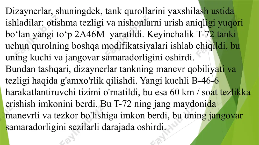 nishonlarni belgilash tizimlari va uning jangovar samaradorligi va ishonchliligini oshiradigan boshqa qurilmalar. t-72 modifikatsiyalari t-72 tanki 1970-yillarda sovet ittifoqida yaratilgan va shundan beri ko'plab yangilanishlar va modifikatsiyalardan o'tgan. t-72 ning eng mashhur modifikatsiyalaridan ba'zilari: 1. t-72a: bu 1973 yilda chiqarilgan t-72 tankining birinchi ishlab chiqarish modeli. oldingi t-62 bilan solishtirganda u kuchliroq qurol va nishonga olish tizimlariga ega edi. 2. t-72ak: bu t-72a tankining modifikatsiyasi bo'lib, yong'inni nazorat qilish tizimi va navigatsiya tizimi bilan jihozlangan. sun'iy yo'ldosh aloqasi orqali ma'lumotlarni uzatish imkoniyati ham qo'shildi. 3. t-72m: bu 1985 yilda chiqarilgan t-72 tankining modifikatsiyasi. yangi kompozit materiallar, shuningdek, yaxshilangan nishon va yong'inni boshqarish tizimlari tufayli u yuqori darajadagi himoyaga ega bo'ldi. 4. t-72m1: bu qo'shimcha elektron himoya tizimlari va qurolning takomillashtirilgan versiyasi bilan jihozlangan t-72m tankining modifikatsiyasi. 5. t-72av: bu kontakt-1 yong'inni boshqarish tizimi va ilg'or himoya tizimlari bilan jihozlangan t-72 tankining modifikatsiyasi. 6. t-72b: bu 1985 yilda chiqarilgan t-72 tankining …
