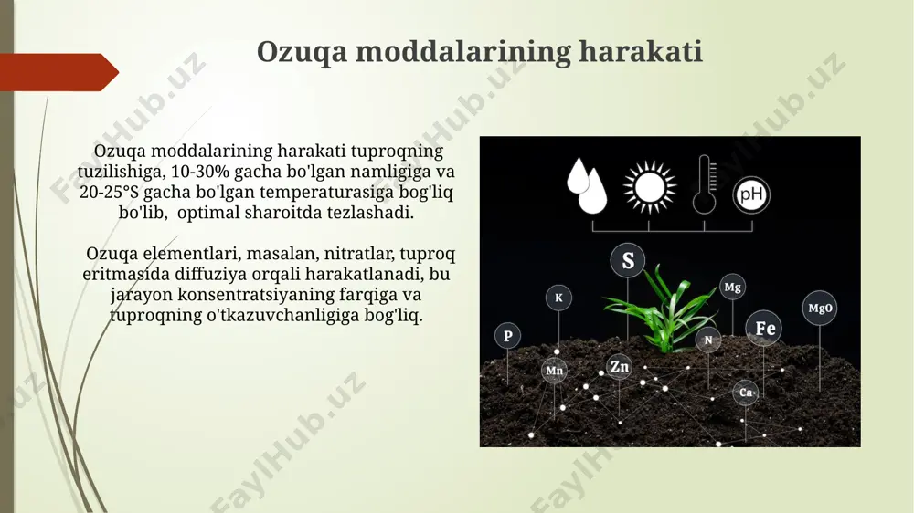 r faolligining o'zgarishiga ta'sir qiladi. tuproq haroratining ta'siri optimal tuproq harorati oralig'i (20-25°c) o'simliklarning ildiz tizimining rivojlanishi va suvni yaxshi singdirishini ta'minlaydi, hosildorlikni 15-20% ga oshirishi mumkin. tuproq harorati 10°c dan past bo'lganda, mikroorganizmlar faoliyati keskin pasayadi, bu esa organik moddalarning mineralizatsiyasi va ozuqa elementlarining o'simliklarga o'tishini sekinlashtiradi. ozuqa moddalarining assimilyatsiyasi oʻsimliklar tomonidan 15-20% gacha ozuqa moddalari assimilyatsiyasi ildizlar orqali amalga oshiriladi, qolgan qismi esa mikoriza va boshqa simbiotik bakteriyalar yordamida soʻriladi. tuproqdagi mikroorganizmlar ozuqa moddalarining mineralizatsiyasi va assimilyatsiyasida muhim rol oʻynaydi, ularning faolligi tuproqning ph darajasiga (6-7 oraligʻida optimal) bogʻliq. e'tiboringiz uchun rahmat @taqdimot_robot image1.jpg image2.jpg image3.jpg image4.jpg image5.jpg image6.jpg image7.jpg image8.jpg image9.jpg image10.jpg image11.jpg image12.jpg image13.jpg image14.jpg image15.jpg image16.jpg image17.jpg