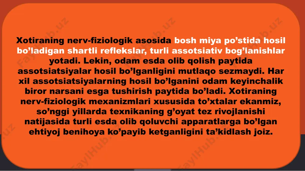 vishda esda olib qolish va esga tushurish jarayonlarida maxsus mnemik ("mne me" lotincha so’z bolib xotira degan manoni anglatadi) harakatlar tarzida amalga oshiriladi. ixtiyorsiz xotira muayyan maqsadsiz biron bir narsani esda olib qolish va eslash, ixtiyorsiz esda olib qolish, ixtiyorsiz ravishda qayta esga tushirish ixtiyorsiz xotira deyiladi 3. materialni qancha esda olib qolish va esda saqlash muddatiga qarab qisqa muddatli, uzoq muddatli, operativ xotira turlariga bolinadi. qisqa muddatli xotira ma’lum bir daqiqa davomida hozir bevosita idrok qilmayotgan narsalarni go’yo ko’rishda, eshitishda davom etamiz (xuddi ko’z o’ngimizda turganday yoki qulog’imizda eshitilayotganday bo’laveradi). bu jarayonlar beqaror va o’zgaruvchan bo’lib qisqa muddatli xotira deb nom olgan. juda ko’p takrorlashlar, qayta tiklashlar natijasida materialni uzoq muddat davomida esda saqlab qolish xarakterli bo’lgan uzoq muddatli xotiradan farq qilgan holda, qisqa muddatli xotira bir marta hamda juda qisqa vaqt oraligida idrok qilish va shu ondayoq qayta tiklashdan so’ng juda qisqa muddatli esda olib qolish bilan xarakterlanadi. …