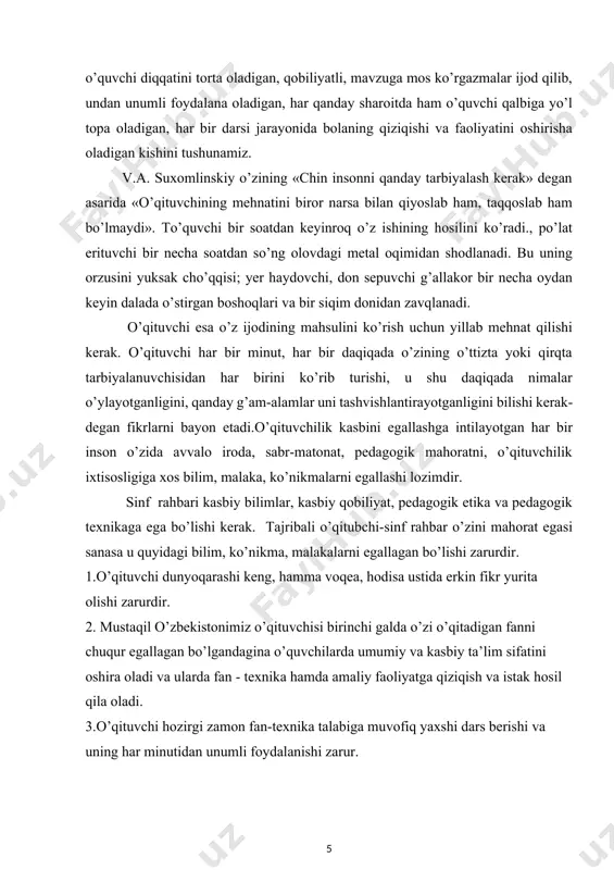 ib, o’z fanining metodikasini yaxshi bilmog’i lozim. 5.o’qituvchining umumiy madaniyati yuqori bo’lishi bilan birga bu kasb adabiyot va san’at sohasidagi bilimlarga ega bo’lishni talab qiladi. 6.o’qituvchi pedagoglik odobiga rioya qilishi kerak. pedagoglik odobi o’qituvchilik kasbiga xos fazilatlardan bo’lib, u o’qituvchining bolalar bilan ishlashi jarayonida uning tajribasi mahorati oshadi. sinf rahbarining faoliyati ko’p qirrali va sermazmundir. u o’zi rahbarilik qilayotgan sinf o’quvchilarini tarbiyalash bilan bir qatorda o’quv yili yoki chorak davomida nimalar qilish kerakligi bolalar hayotini nima bilan band qilish va tanlangan ish to’rini qanday amalga oshirishni bexato aniqlash kabi ancha murakkab muammoni echadi. bu borada sinf rahbariga turli xil manbalar yordam beradi. sinf rahbari ishini rejalashtirishning o’ziga xos xususiyati shundan iboratki, unda o’quvchilarning o’zlari faol ishtirok etadilar, biroq unga sinf rahbari boshchilik qiladi. sinf rahbarilari oldida juda qiyin vazifa - tarbiyaviy maqsadlarda o’ylagan narsasini, bolalar shaxsiy fikr va g’oyalari sifatida qabul qilishlariga erishish vazifasi turadi. bu borada o‘zbekiston respublikasining prezidenti …