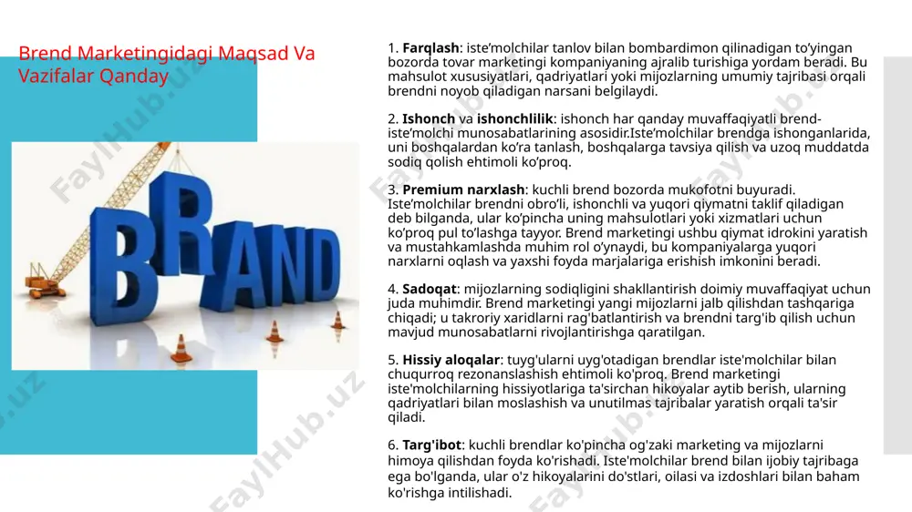 in. maqsad ommaviy axborot vositalari, manfaatdor tomonlar va jamoatchilik bilan ijobiy munosabatlarni o’rnatishdir. tovar marketingi bo’yicha to’liq qo’llanma quyidagilardan tashkil topadi: 1. brend strategiyasini ishlab chiqish: bu maqsadli auditoriyani aniqlash, brendning vazifasi, qadriyatlari va noyob savdo nuqtalarini aniqlash va brendni aniqlash bayonotini yaratishni o’z ichiga oladi. 2. vizual identifikatorni yarating: bunga logotip, ranglar palitrasi, tipografiya va barcha marketing materiallarida brendni namoyish qilish uchun ishlatiladigan boshqa vizual elementlarni loyihalash kiradi. 3. xabarlarni yaratish: brendning strategiyasi va joylashuviga mos keladigan va brendni iste’molchilarga etkazish uchun ishlatiladigan xabarlarni ishlab chiqish. 4. brendni barcha sensorli nuqtalarda amalga oshiring: bunga veb-sayt va ijtimoiy tarmoqlardan tortib qadoqlash va reklamagacha bo’lgan barcha marketing materiallarida vizual identifikatsiya, xabar almashish va ovoz ohangida izchillikni ta’minlash kiradi. 5. brendni targ’ib qilish uchun turli xil marketing kanallaridan foydalaning: bu reklama, jamoatchilik bilan aloqalar, kontent marketingi, ta’sirchan marketing va voqealar marketingini o’z ichiga olishi mumkin. 6. brend marketing harakatlarining samaradorligini kuzatib boring …