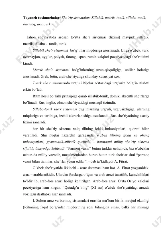 miqdorining soni bilangina emas, balki har misraga kirgan bo’g’inlarning “sifati” - uzun va qisqaligi bilan tayin etilishi hodisasi)ni ta’kidlaydi va bu fikrni “o’zbek xalqining poeziyasida ikki ritmik sistemani yaratish fakti” bilan izohlaydi. barmoq she’r sistemasi. barmoq misralarda bo’g’inlarning muayyan miqdoriga va izchil takroriga, bir xil turoqlarning o’ziga xos tartibda guruhlanishiga asoslanadi. 1 2 3 4 5 6 7 8 9 10 11 qarshiga qor yog’adi, / qor ustiga 7+4=11 yigitlar yor olmangiz, / yor ustiga 7+4=11 yigitlar yor olsangiz, / yor ustiga - 7+4=11 namokob quyguncha bor, / bol ustiga. 7+4= 11 misralardagi bo’g’inlar miqdorini barmoqlar bilan sanash juda qulay va oson bo’lgani sababli, mazkur she’r qurilishini barmoq vazn deb yuritish rasm bo’lgan.biroq barmoqda turli turkumlardan yuzlab vaznlarning yuzaga kelish qonuniyati borligi uchun “barmoq vazni” degandan ko’ra, “barmoq sistemasi” deyish asosliroqdir. demak, barmoq sistemasidagi musiqiylik ritm asosida yuzaga kelar ekan, misolimizda yaqqol ko’ringanidek , har misrada bo’g’inlar soni 11 ta …