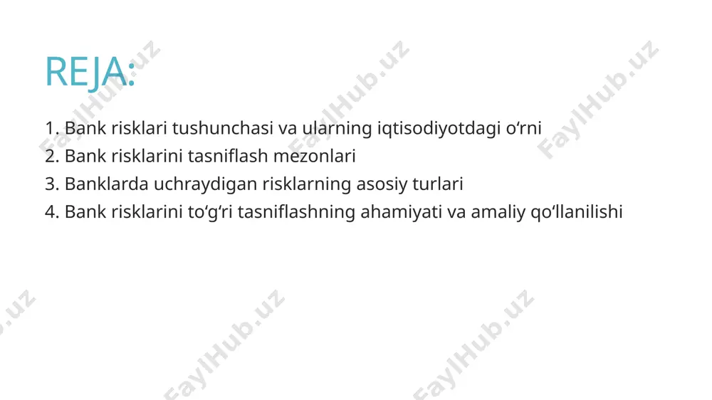 avrda yuzaga keladigan risklar, masalan, likvidlik muammolari. uzoq muddatli risklar – strategik darajada yuzaga chiqadigan risklar, masalan, investitsiya risklari yoki foiz stavkasi riski. 4. ta’sir ko‘lamiga ko‘ra individual risklar – bitta mijoz yoki operatsiyaga taalluqli risklar. tizimli risklar – butun bank tizimiga yoki iqtisodiy tizimga ta’sir qiladigan risklar. 5. natija xususiyatiga ko‘ra spekulyativ risklar – foyda ham, zarar ham keltirishi mumkin (masalan, investitsiya riski). sof risklar – faqat zarar keltiradi, foyda keltirmaydi (masalan, tabiiy ofatlar, texnik nosozlik). risklarni tasniflash banklarga ularni tizimli ravishda o‘rganish, har bir risk turiga mos boshqaruv strategiyasini ishlab chiqish va moliyaviy barqarorlikni ta’minlash imkonini beradi. 3. banklarda uchraydigan risklarning asosiy turlari bank faoliyati keng ko‘lamli operatsiyalarni o‘z ichiga olgani bois, unda turli xil risklar mavjud. har bir risk bankning moliyaviy barqarorligiga turlicha darajada ta’sir qiladi. ularning asosiy turlari quyidagilardan iborat: 1. kredit riski bank tomonidan berilgan kreditlarning qaytarilmaslik xavfi bilan bog‘liq. kredit riski banklar uchun eng …