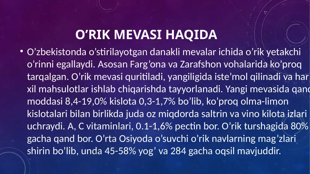 rin-hushxo’r. danagi atidan ajramaydi, mag’zi achchiq. mevasi faqat yangiligida iste’mol qilishga yaroqli. foydalanilgan adabiyotlar 1. ziyonet.uz axborot kutubxonasi 2. wikipediya.org sayti e’tiboringiz uchun rahmat image3.png image4.jpeg image5.jpg