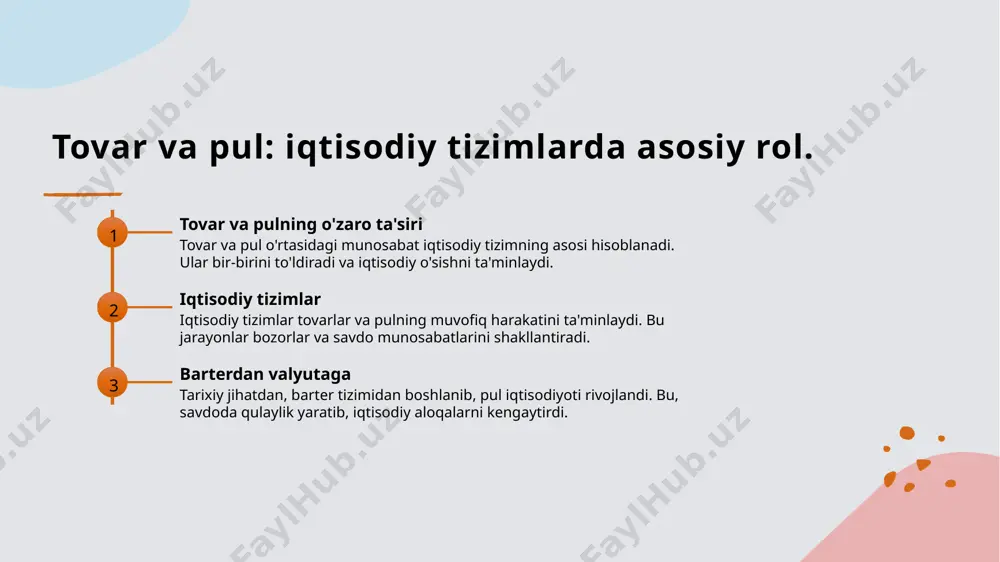 ntiradi. u innovatsiyalarni, sifatni yaxshilashni va iste'molchilarga keng tanlov imkoniyatlarini taqdim etadi, bu esa bozorni rivojlantiradi. bozor strategiyalari: muvaffaqiyatli savdo amaliyotlari. 1 bozor segmentatsiyasi bozor segmentatsiyasi, maqsadli auditoriyalarga xizmat ko'rsatish uchun tovarlarni va xizmatlarni turli guruhlarga bo'lishni anglatadi. bu strategiya, samarali marketingni ta'minlaydi. 2 narx belgilash strategiyalari narx belgilash strategiyalari, raqobatchilar narxlarini, xaridorlarning to'lov qobiliyatini va bozor talabini hisobga olib, tovarlarning narxlarini belgilashni nazarda tutadi. 3 raqobatbardosh ustunlik raqobatbardosh ustunlikni ta'minlash uchun innovatsion mahsulotlar, yuqori sifat va mijozlarga xizmat ko'rsatishning sifatini oshirish zarur. bu, bozor o'zgarishlariga tez moslashishni ta'minlaydi. o'zbekistonda moliya tizimlarining tarixi va rivojlanishi. 1 o'zbekiston moliya tarixi o'zbekistonda moliya tizimlari tarixiy jihatdan qadimgi savdo yo'llari va barterga asoslangan. sovet davrida, markazlashtirilgan iqtisodiyot tizimi shakllandi. 2 mustaqillikdan keyin 1991 yilda o'zbekiston mustaqil bo'lganidan so'ng, bozor iqtisodiyotiga o'tish jarayoni boshlandi, bu moliya tizimining yangilanishini talab qildi. 3 markaziy bank roli o'zbekiston respublikasi markaziy banki 1991 yilda tashkil etilib, moliya siyosatini …