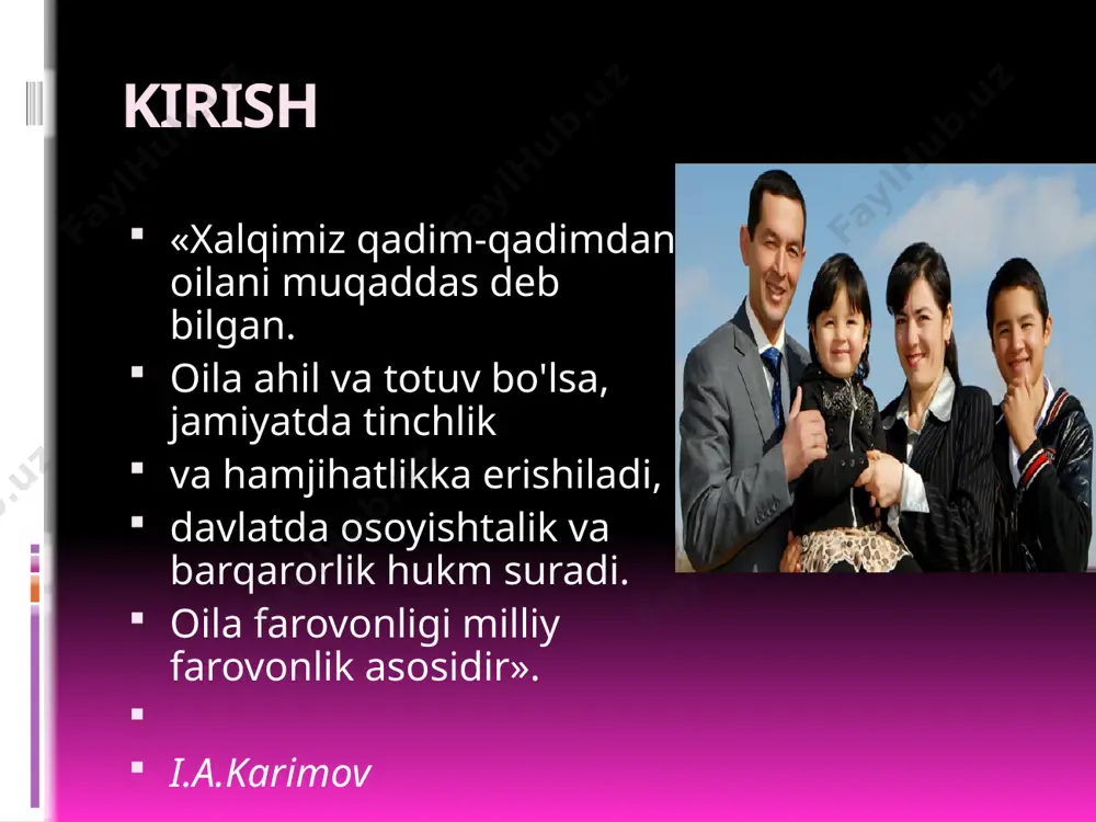 umkin. 4. har bir ota-onani o’z farzandining xatti-harakati uchun maktabda, mahalla va jamoatchilik oldida, otaliq tashkiloti oldida muhokama qilishga, mahalladagi barcha ota-onalarni pedagogik bilimlarga jalb qilishga haqlidir. 5. ota-onalar qo’mitasi o’z uchastkasidagi ota-onani, o’qituvchini o’z faoliyatiga va o’z tarbiyasiga olish huquqiga egadir. 6. ota-onalar orasidagi yoki ota-onalar bilan o’qituvchi orasidagi barcha nizolarni bartaraf etish va hal qilish huquqiga egadir. 7. ota-onalar qo’mitasi mahalladagi o’quvchilarning va tarbiyachilarning salomatligi uchun qayg’urishi shart. oila mustahkamligi haqida davlatimiz g’amho’rligi. oilalar respublikamiz shahar va qishloqlarining yagona ijtimoiy-iqtisodiy umumiyligi asosida rivojlanadi. ayni paytda oilaviy turmush va oilaviy tarbiya o'zining milliy xususiyatlariga ham egadir. pedagogik diagnostikada oila tarbiyasi o'z milliy va demo grafik xususiyatlari bilan bir-biridan farqlanishini hisobga olish zarur. oilaviy tarbiyada oilaning moddiy farovonligi, madaniy-ma'naviy saviyasi, osoyishtaligi, oila a'zolarining soni, tarkibi alohida ahamiyat kasb etadi. o'quv maskanlarida beriladigan ta'lim-tarbiya darajasi bilan o'quvchi-talaba shaxsining oilaviy turmush tarzi orasidagi aloqadorlikning pedagogik jihatdan ta'minlanganligi hamda ta'lim oluvchilarning yutuqlari, ularda …